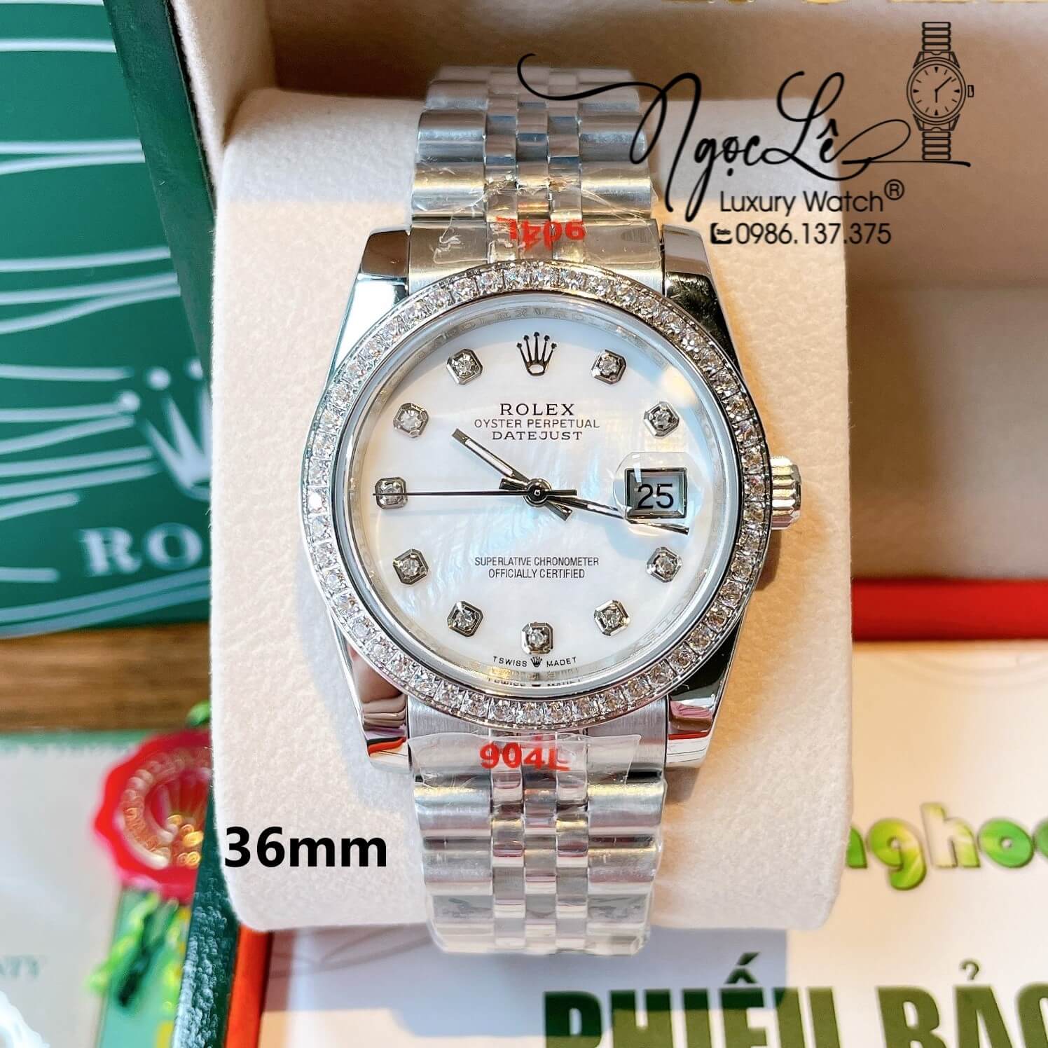 Đồng Hồ Rolex Datejust Quartz Dây Bạc Mặt Trắng Xà Cừ Size 36mm Đính Đá