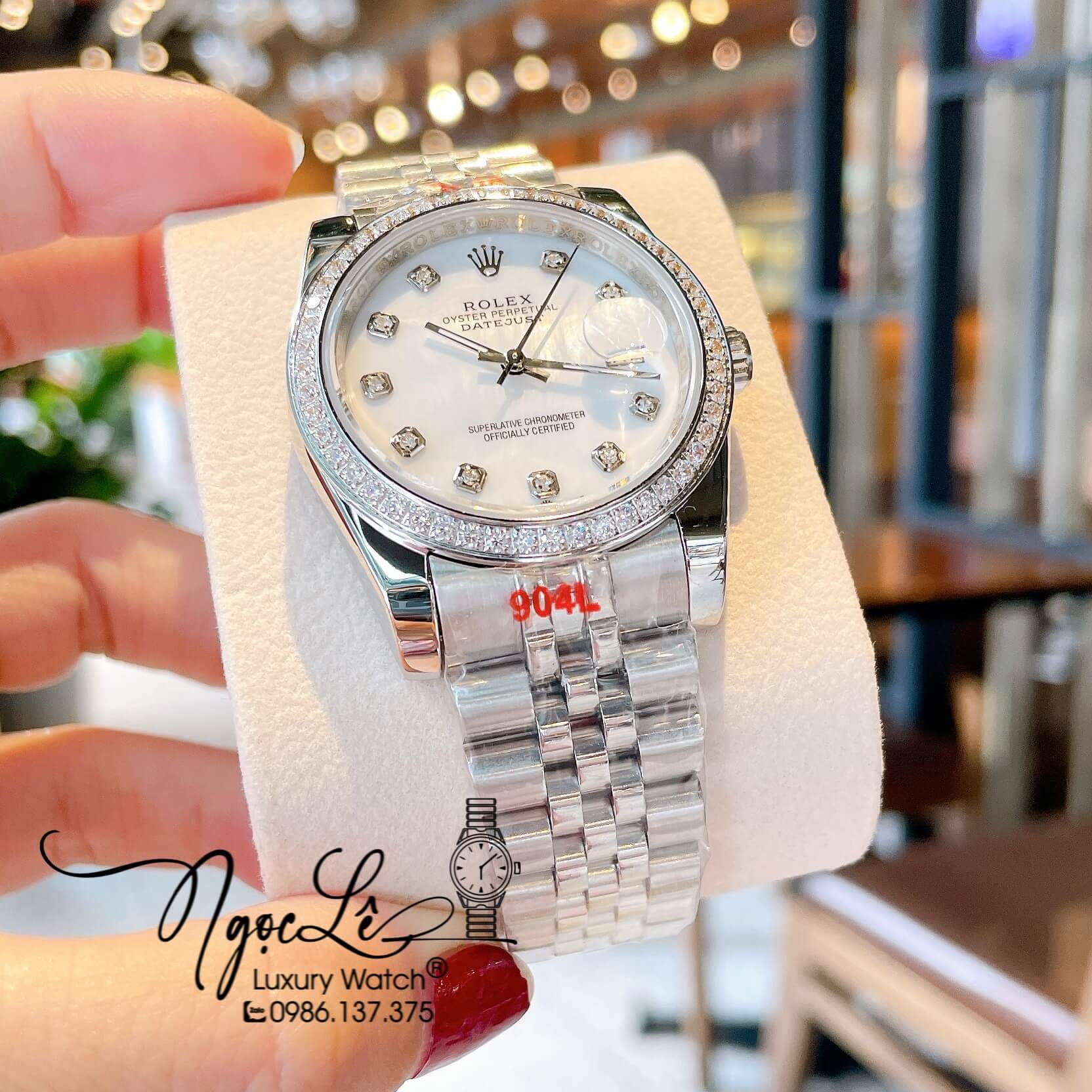 Đồng Hồ Rolex Datejust Quartz Dây Bạc Mặt Trắng Xà Cừ Size 36mm Đính Đá