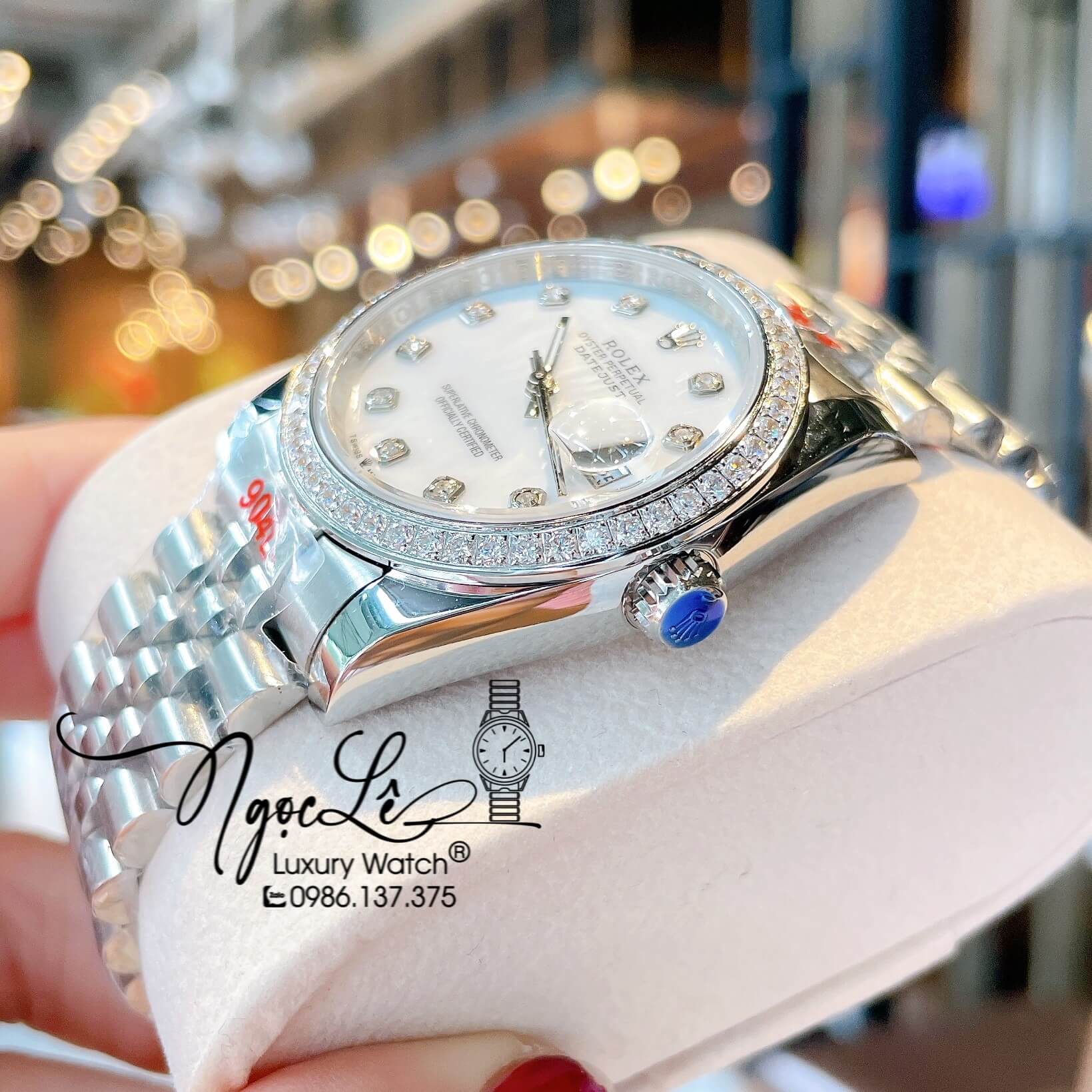 Đồng Hồ Rolex Datejust Quartz Dây Bạc Mặt Trắng Xà Cừ Size 36mm Đính Đá