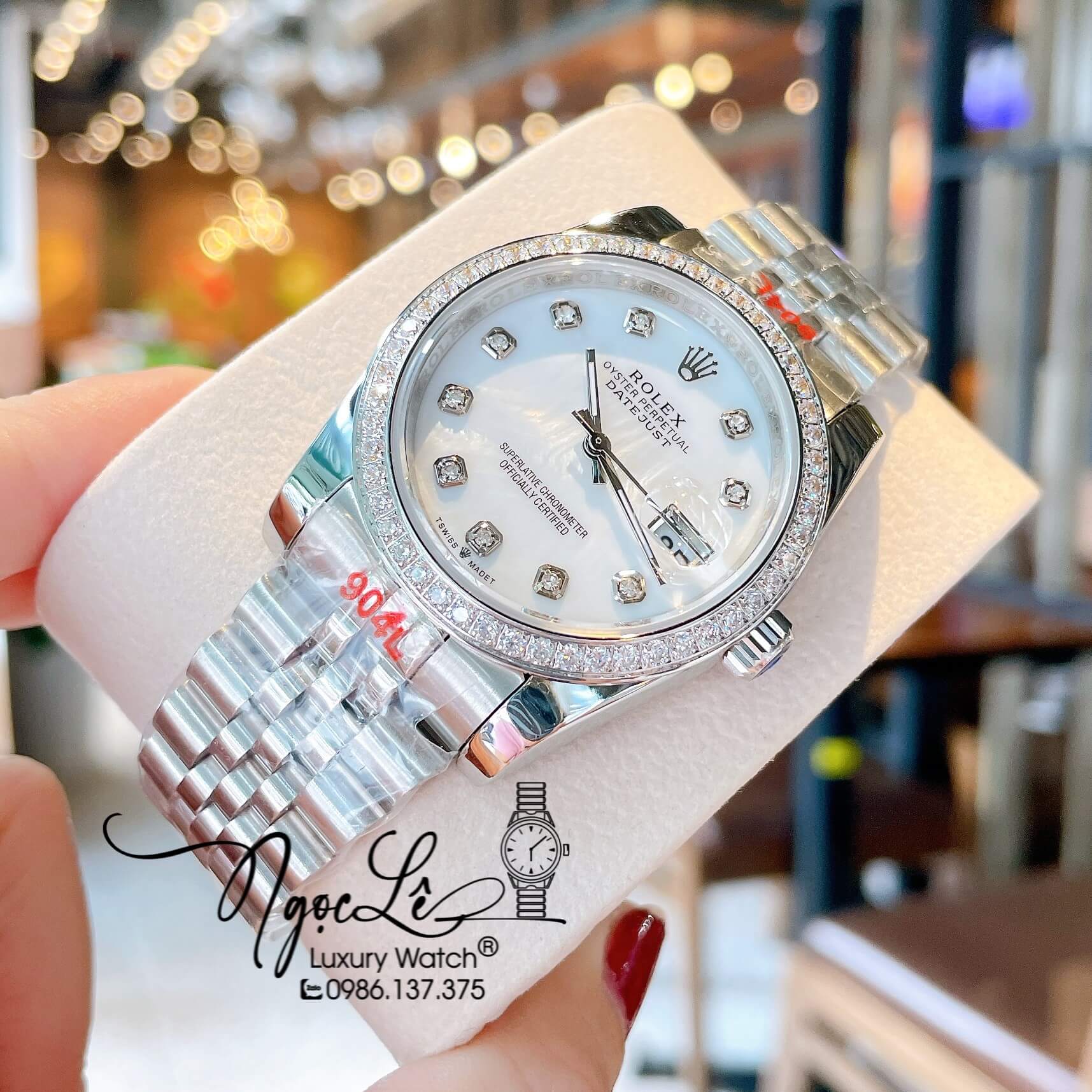 Đồng Hồ Rolex Datejust Quartz Dây Bạc Mặt Trắng Xà Cừ Size 36mm Đính Đá