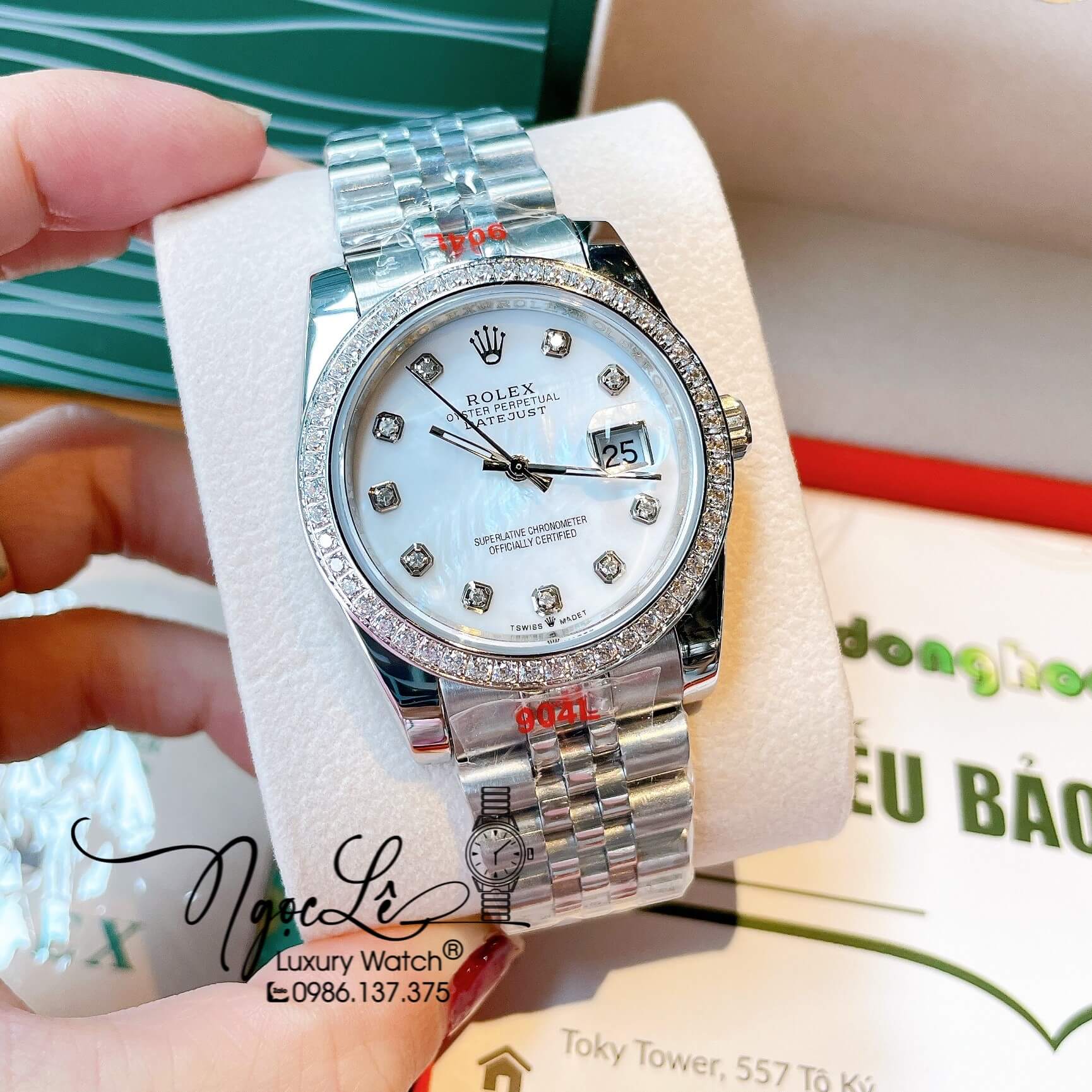 Đồng Hồ Rolex Datejust Quartz Dây Bạc Mặt Trắng Xà Cừ Size 36mm Đính Đá
