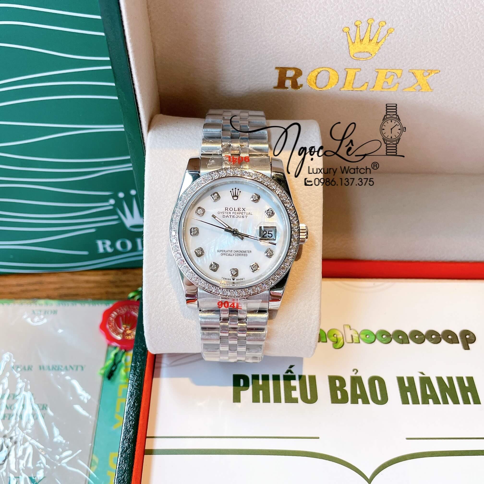 Đồng Hồ Rolex Datejust Quartz Dây Bạc Mặt Trắng Xà Cừ Size 36mm Đính Đá
