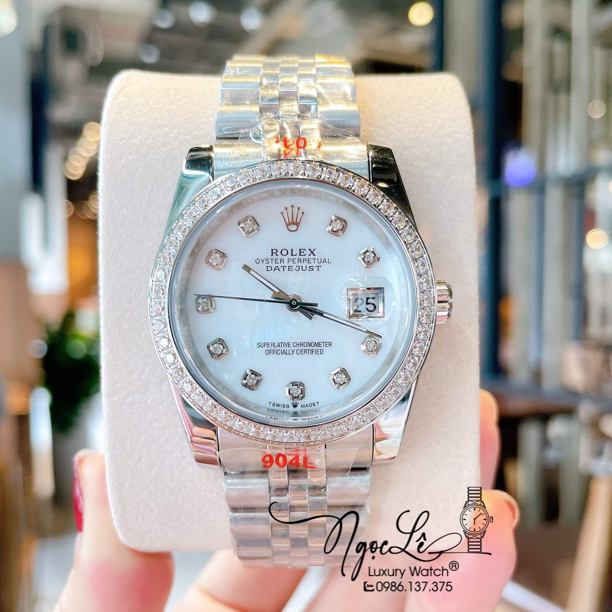 Đồng Hồ Rolex Datejust Quartz Dây Bạc Mặt Trắng Xà Cừ Size 36mm Đính Đá