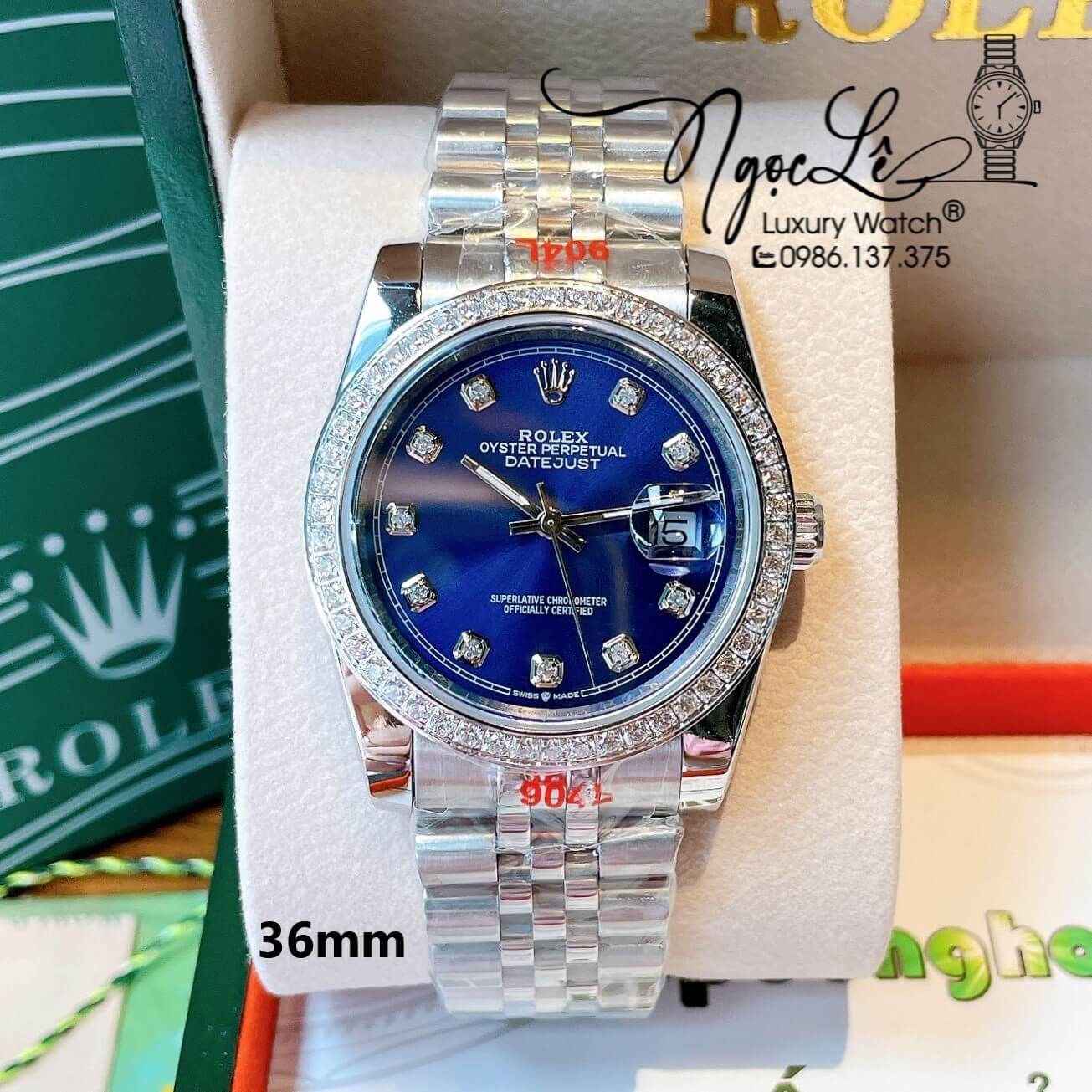 Đồng Hồ Rolex Datejust Quartz Dây Bạc Mặt Xanh Navy Size 36mm Đính Đá Cao Cấp