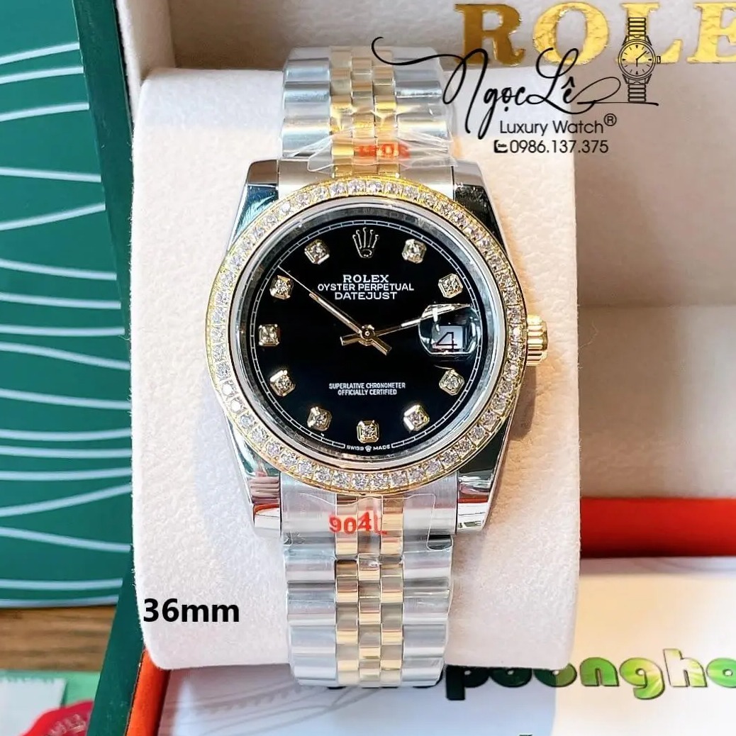 Đồng Hồ Rolex Datejust Quartz Dây Demi Vàng Mặt Đen Size 36mm Đính Đá