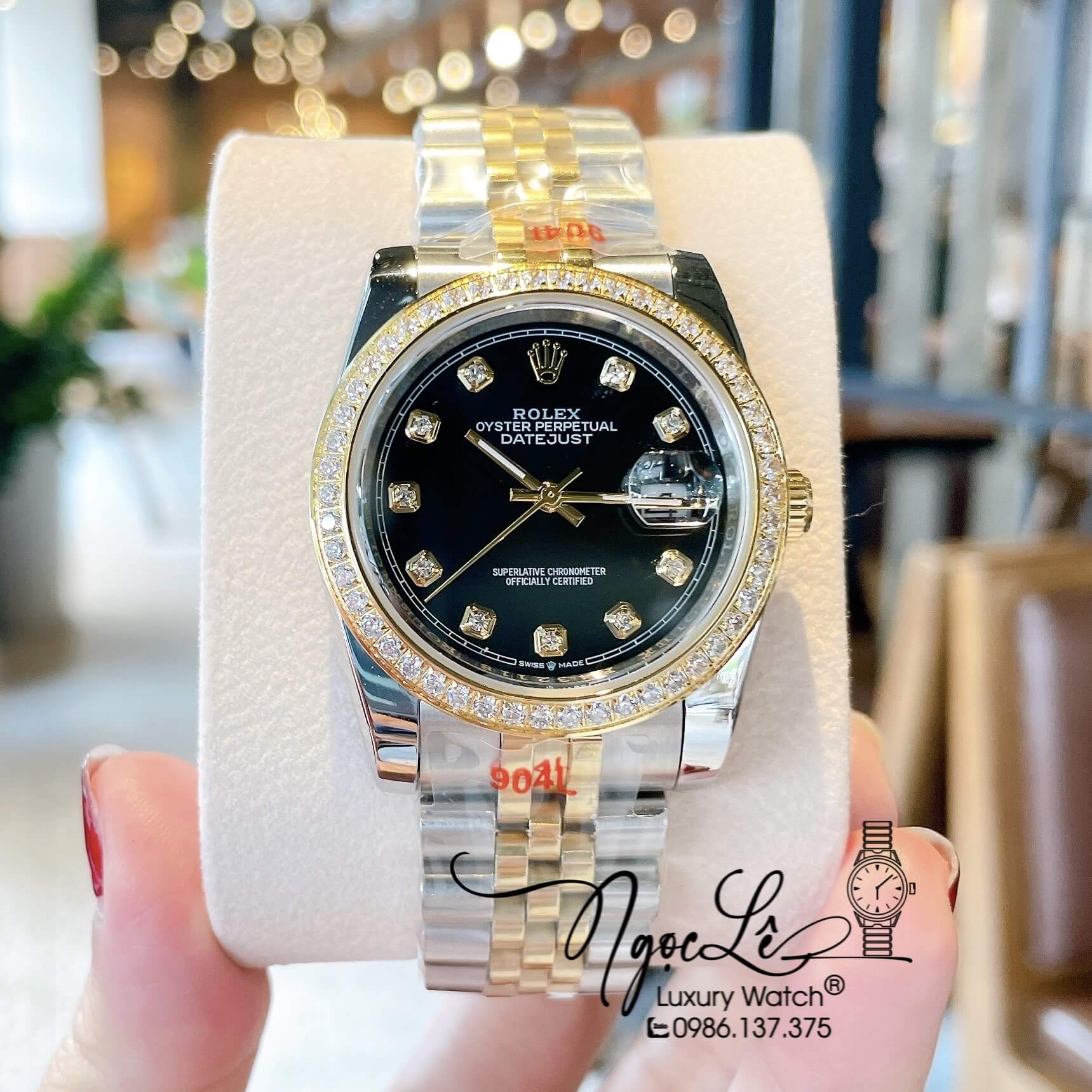 Đồng Hồ Rolex Datejust Quartz Dây Demi Vàng Mặt Đen Size 36mm Đính Đá