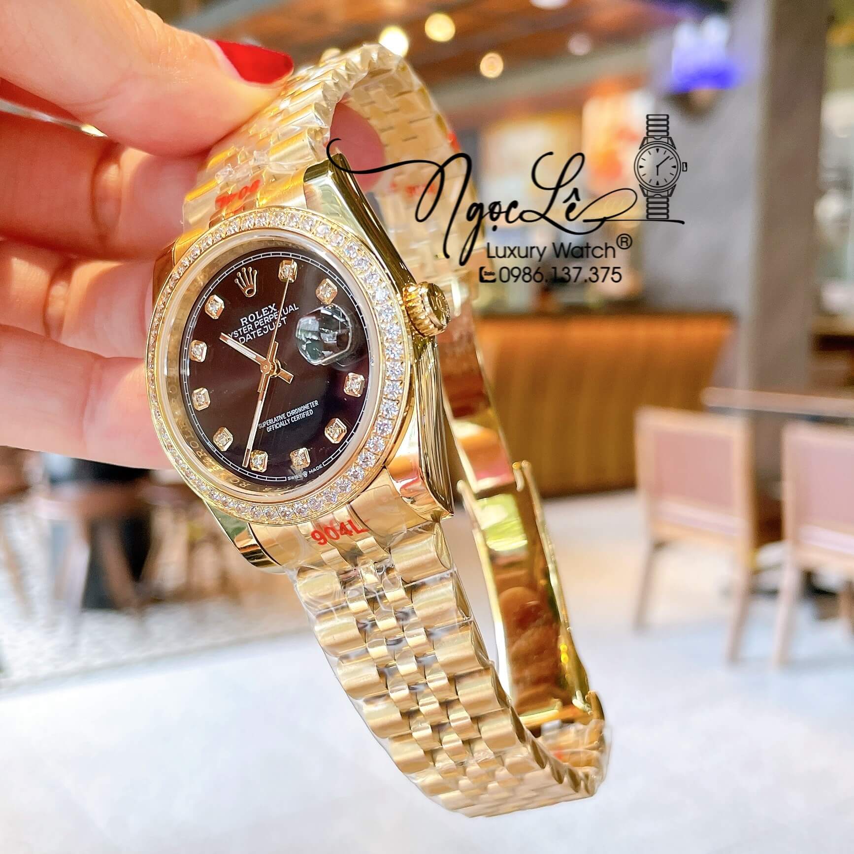 Đồng Hồ Rolex Datejust Quartz Dây Vàng Mặt Đen Đính Đá Size 36mm Cao Cấp