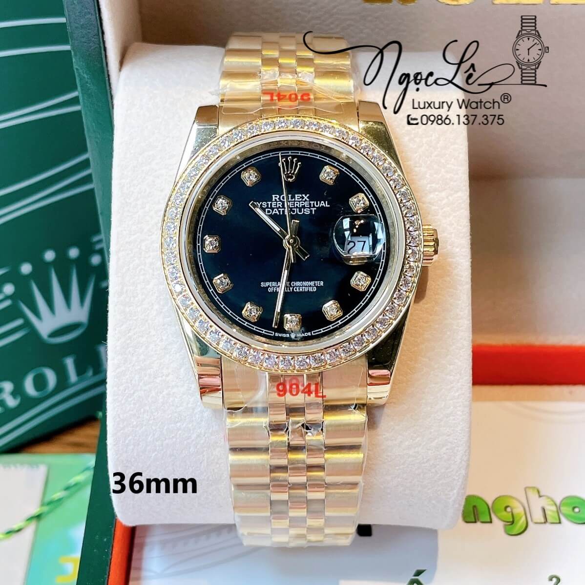 Đồng Hồ Rolex Datejust Quartz Dây Vàng Mặt Đen Đính Đá Size 36mm Cao Cấp