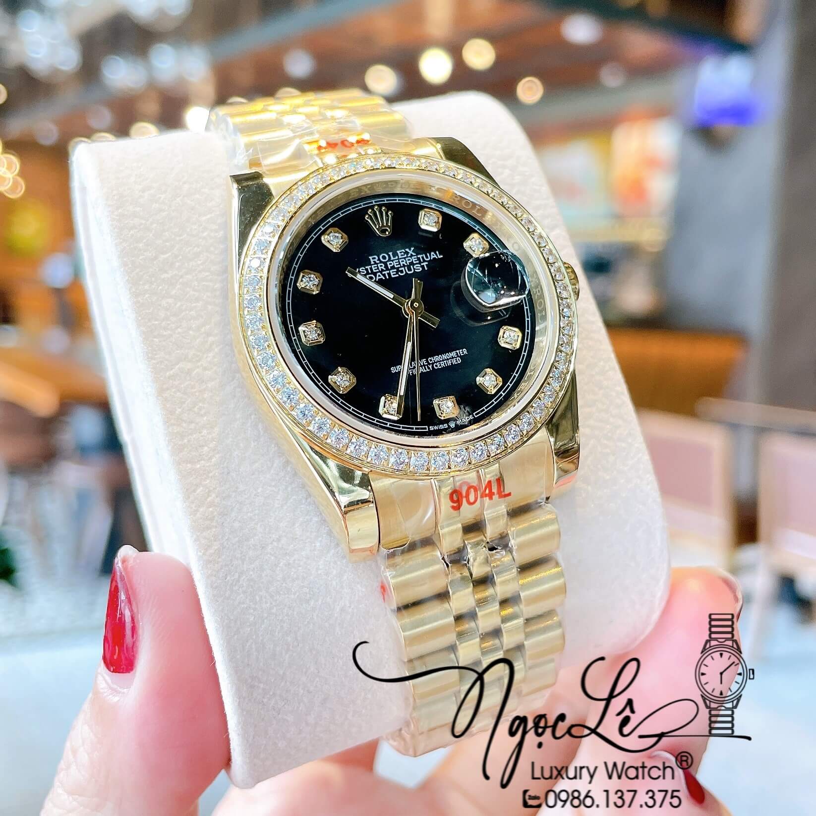 Đồng Hồ Rolex Datejust Quartz Dây Vàng Mặt Đen Đính Đá Size 36mm Cao Cấp