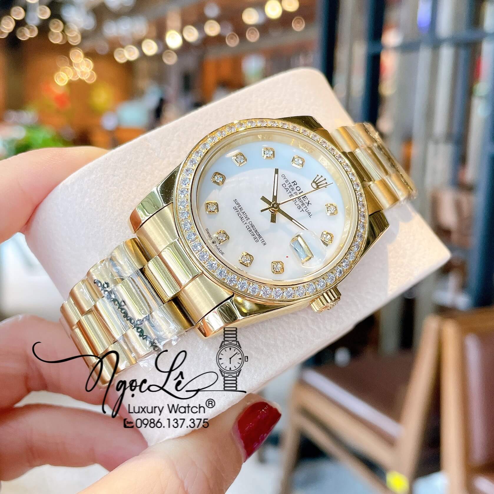 Đồng Hồ Rolex Datejust Quartz Dây Vàng Mặt Trắng Xà Cừ Size 36mm Đính Đá