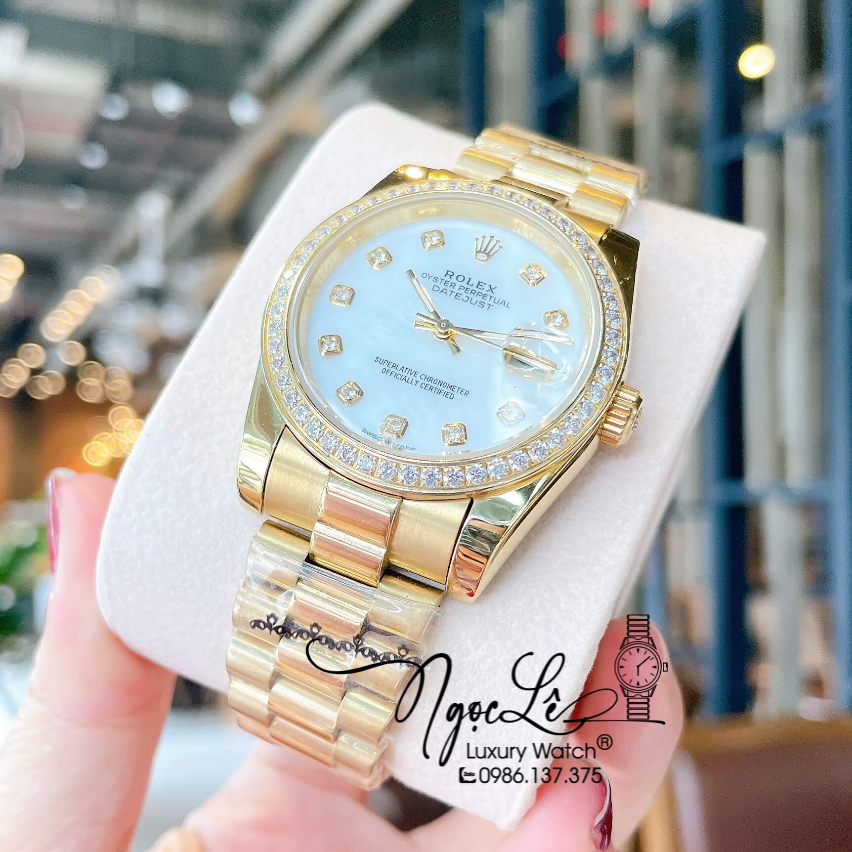 Đồng Hồ Rolex Datejust Quartz Dây Vàng Mặt Trắng Xà Cừ Size 36mm Đính Đá
