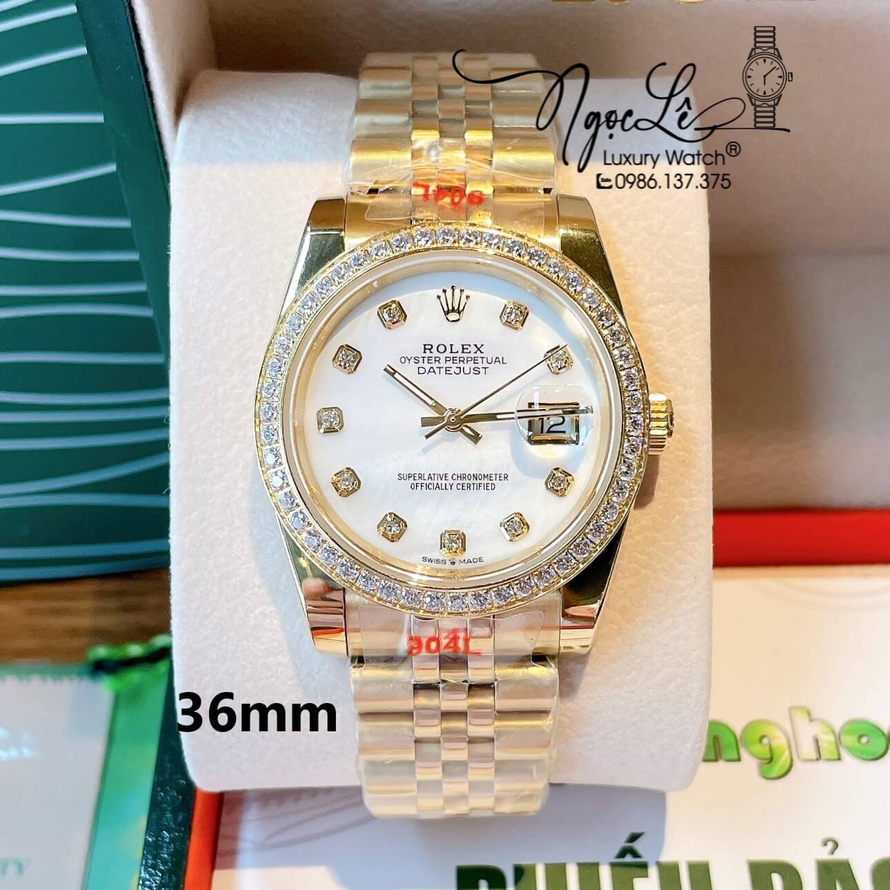Đồng Hồ Rolex Datejust Quartz Dây Vàng Mặt Trắng Xà Cừ Size 36mm Đính Đá Dây Jubilee