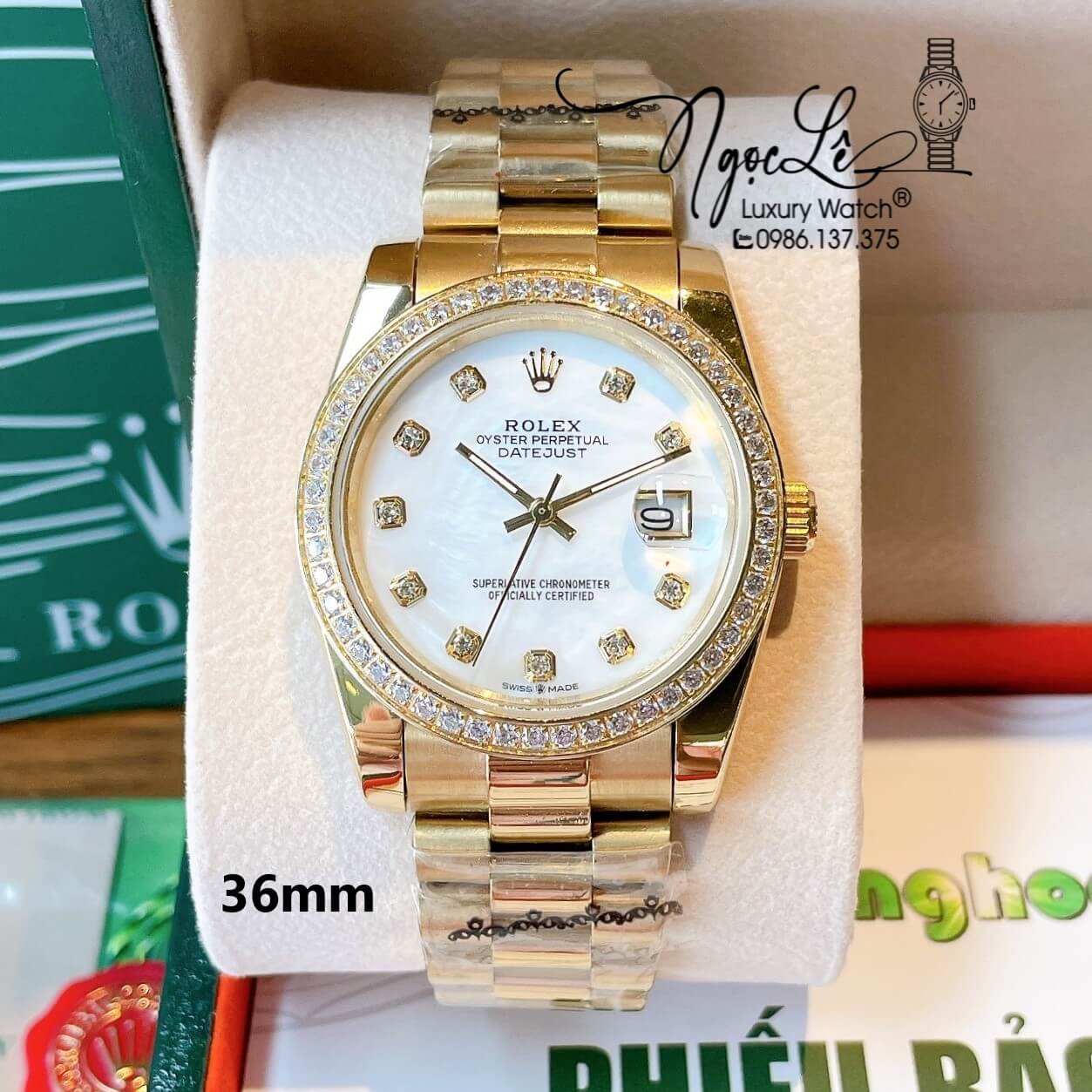Đồng Hồ Rolex Datejust Quartz Dây Vàng Mặt Trắng Xà Cừ Size 36mm Đính Đá