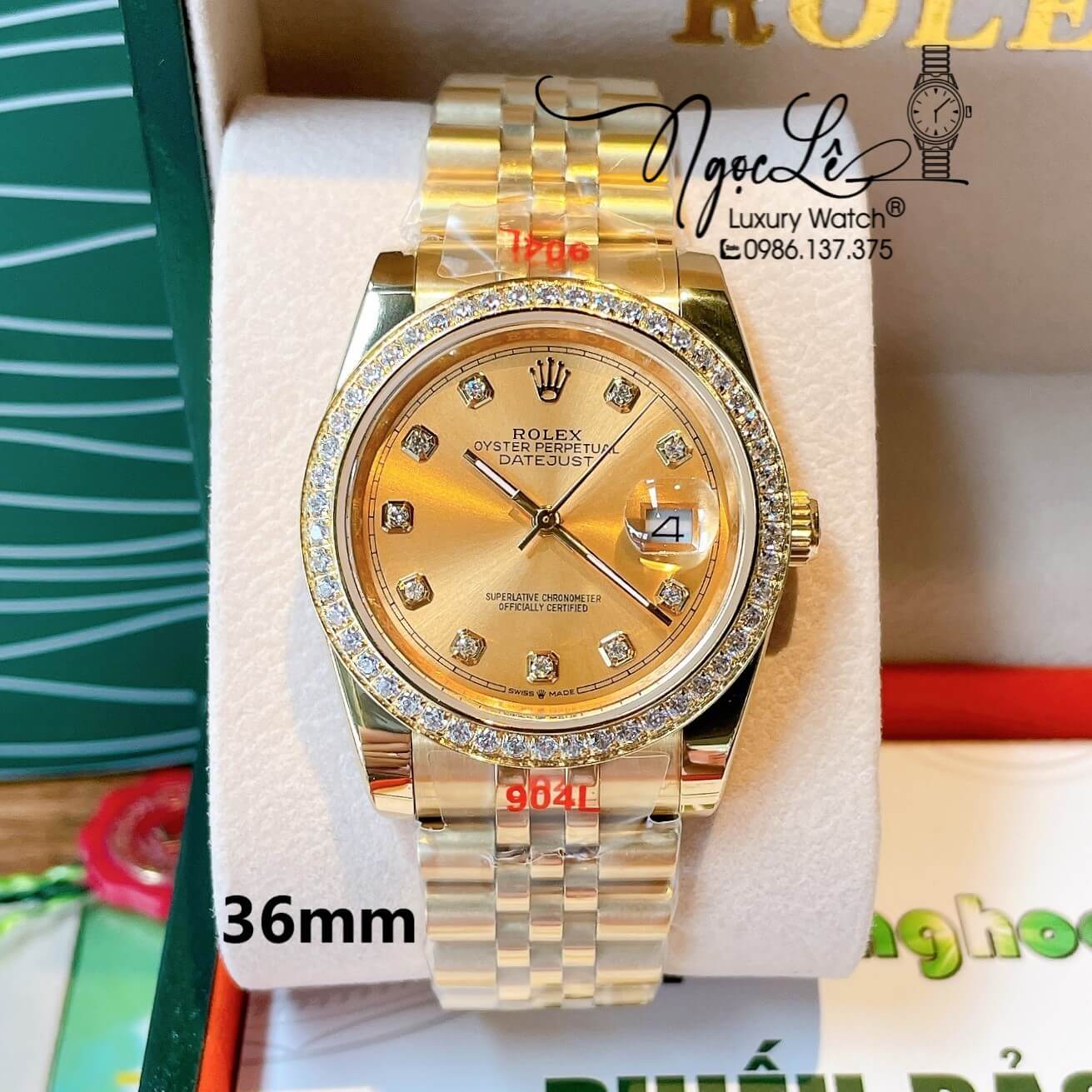 Đồng Hồ Rolex Datejust Quartz Dây Vàng Mặt Vàng Size 36mm Đính Đá
