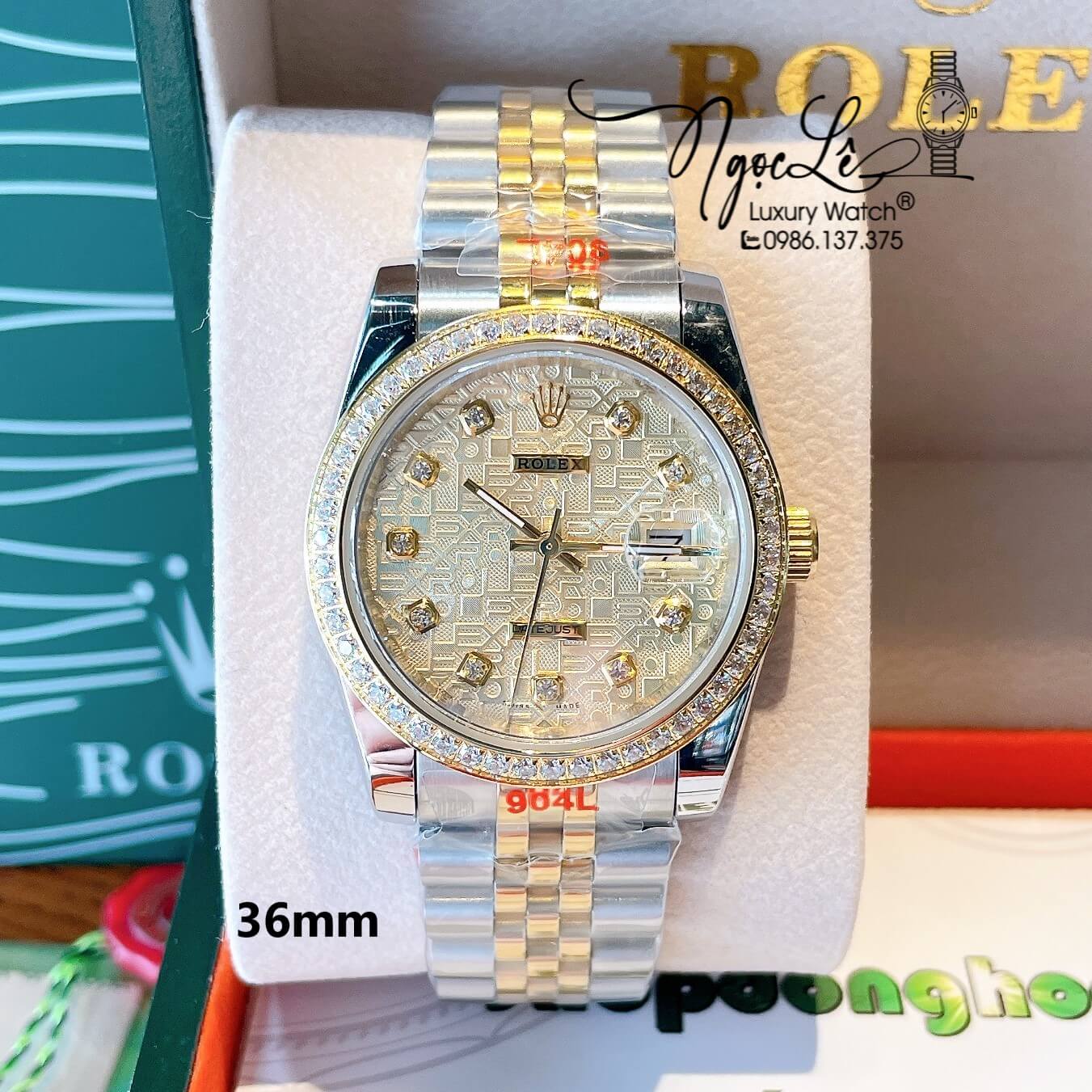 Đồng Hồ Rolex Datejust Quartz Dây Demi Vàng Mặt Vi Tính Vàng Size 36mm Đính Đá