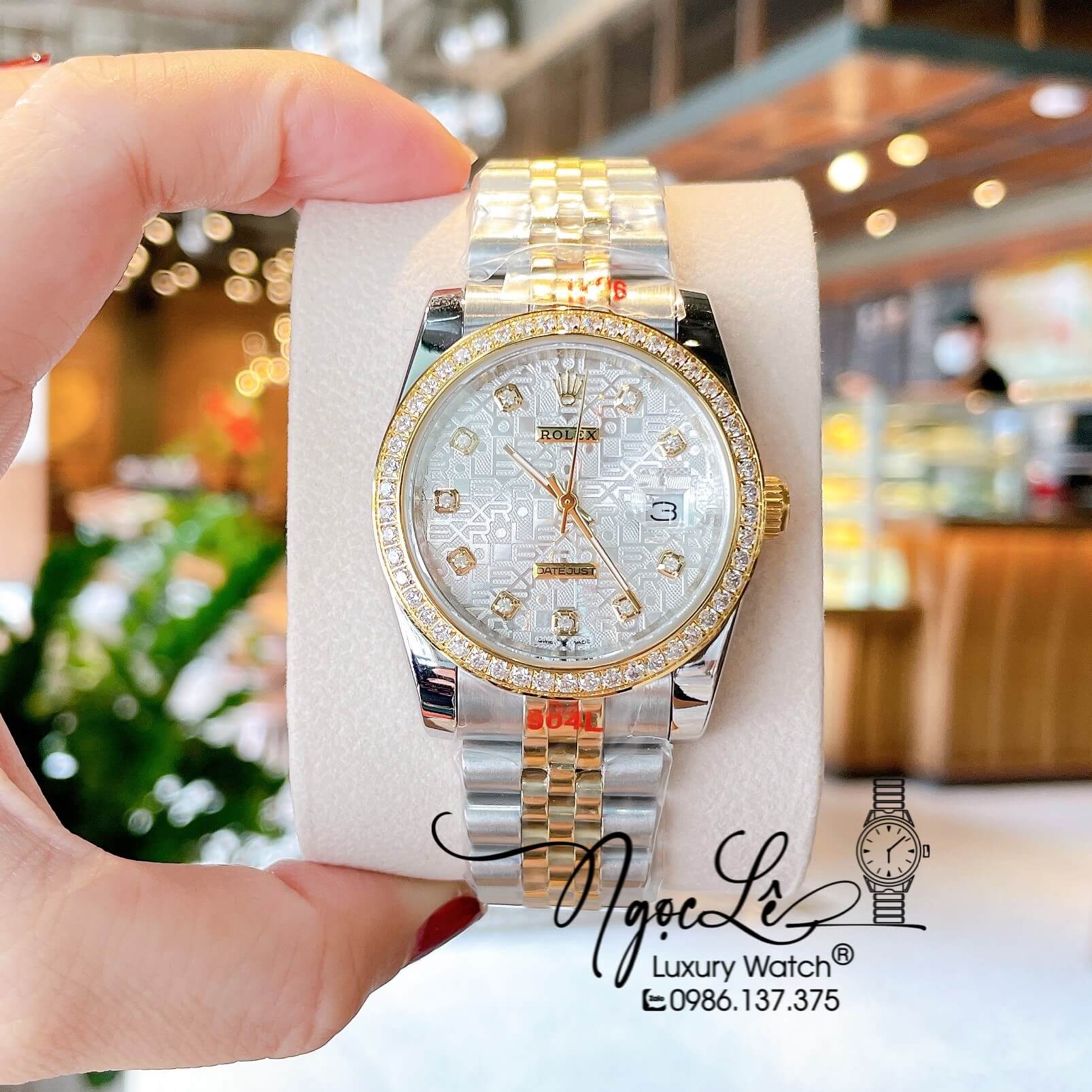 Đồng Hồ Rolex Datejust Quartz Dây Demi Vàng Mặt Vi Tính Size 36mm Đính Đá