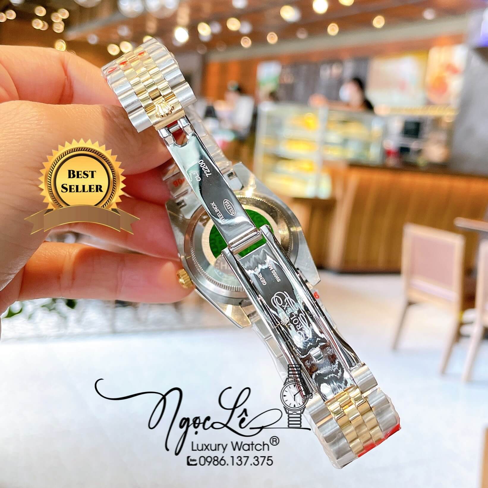 Đồng Hồ Rolex Datejust Quartz Dây Demi Vàng Mặt Đen Size 36mm Đính Đá