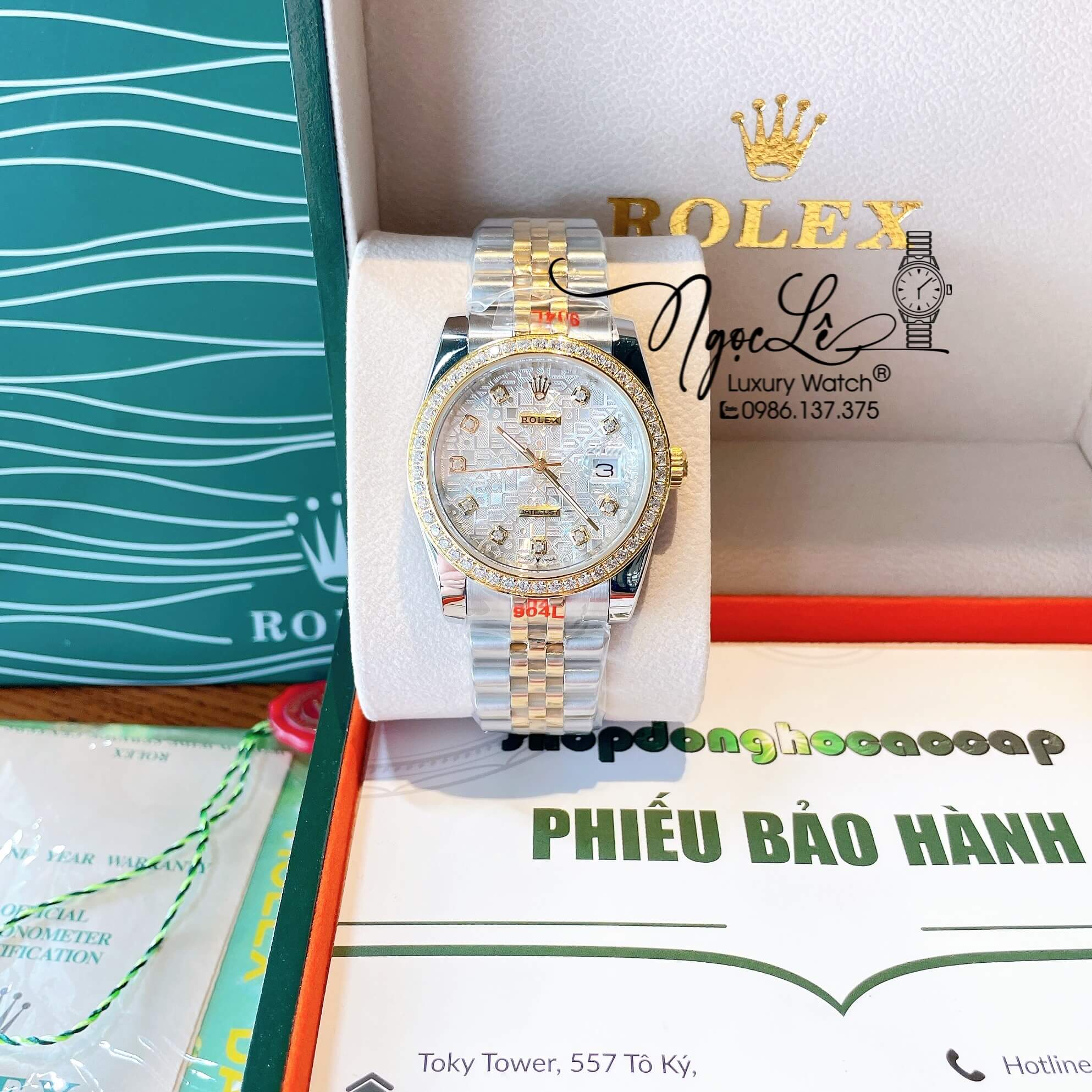Đồng Hồ Rolex Datejust Quartz Dây Demi Vàng Mặt Vi Tính Size 36mm Đính Đá