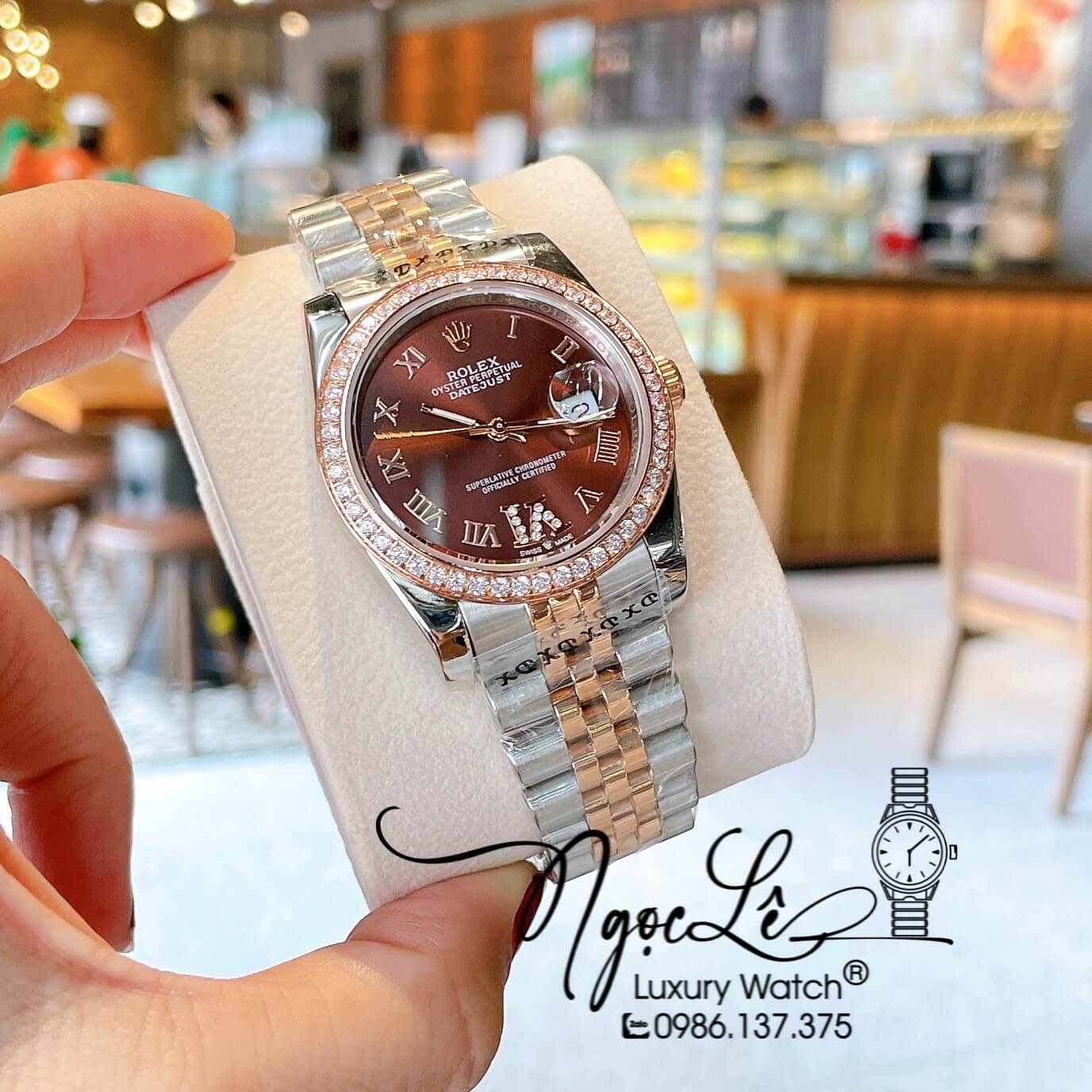 Đồng Hồ Rolex Datejust Quartz Dây Demi Rose Mặt Nâu Socola Size 36mm Đính Đá