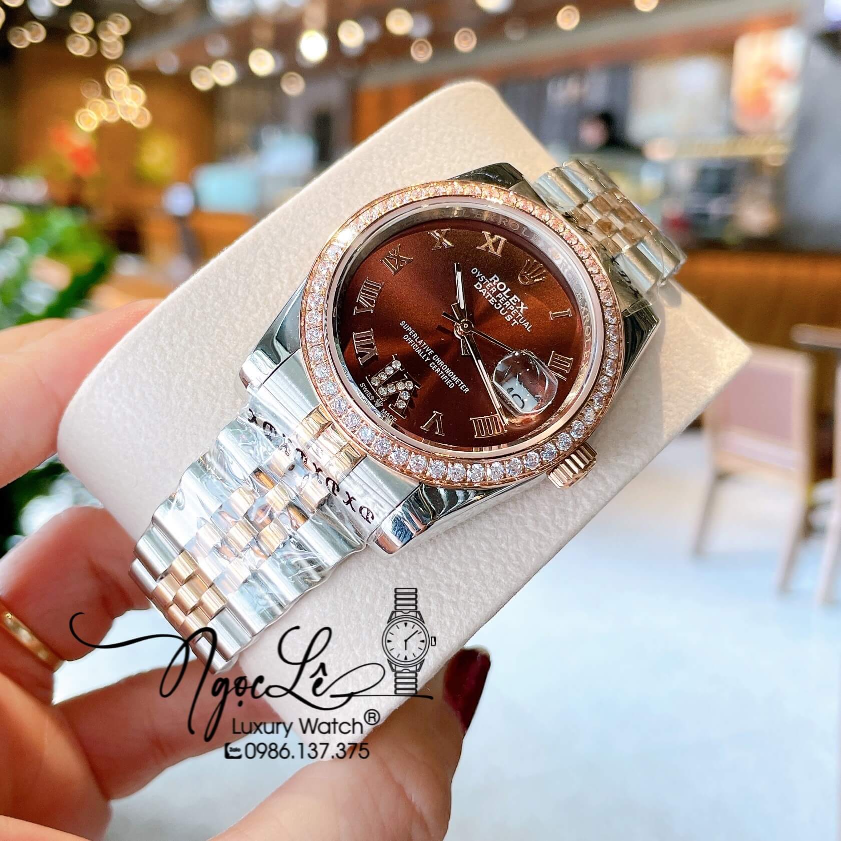 Đồng Hồ Rolex Datejust Quartz Dây Demi Rose Mặt Nâu Socola Size 36mm Đính Đá