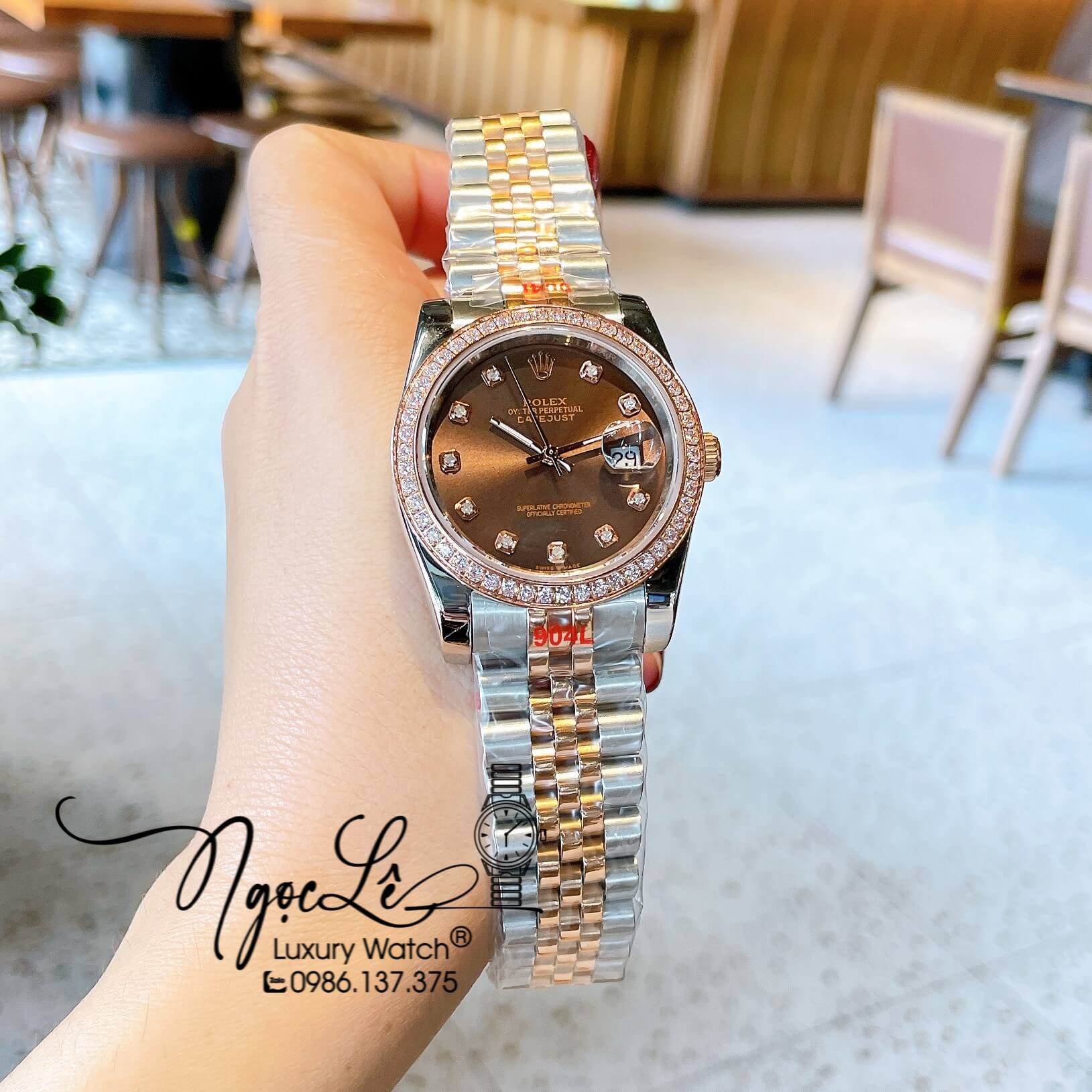 Đồng Hồ Rolex Datejust Quartz Dây Demi Rose Mặt Nâu Socola Size 36mm Đính Đá