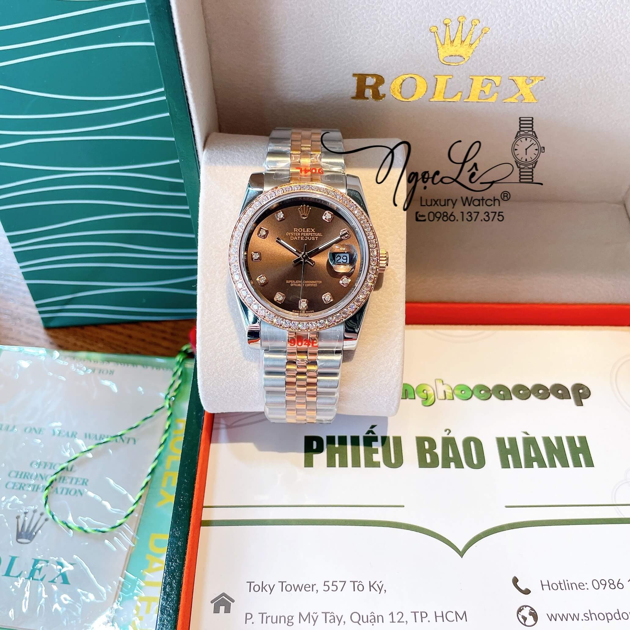 Đồng Hồ Rolex Datejust Quartz Dây Demi Rose Mặt Nâu Socola Size 36mm Đính Đá