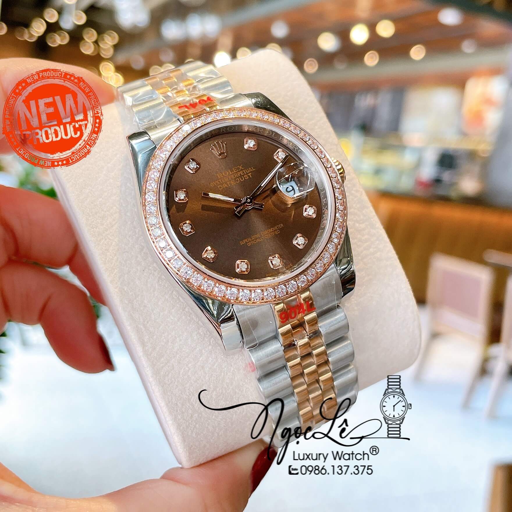 Đồng Hồ Rolex Datejust Quartz Dây Demi Rose Mặt Nâu Socola Size 36mm Đính Đá