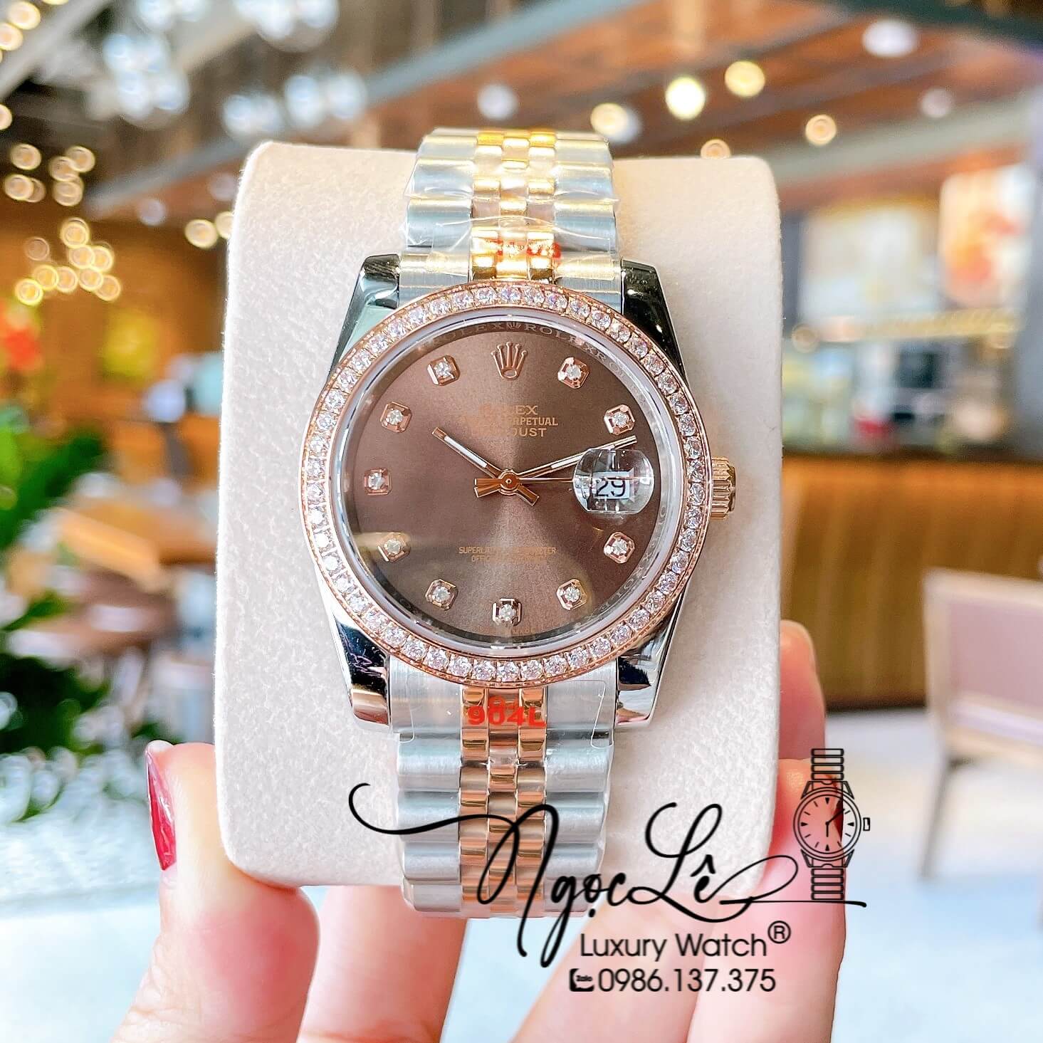 Đồng Hồ Rolex Datejust Quartz Dây Demi Rose Mặt Nâu Socola Size 36mm Đính Đá