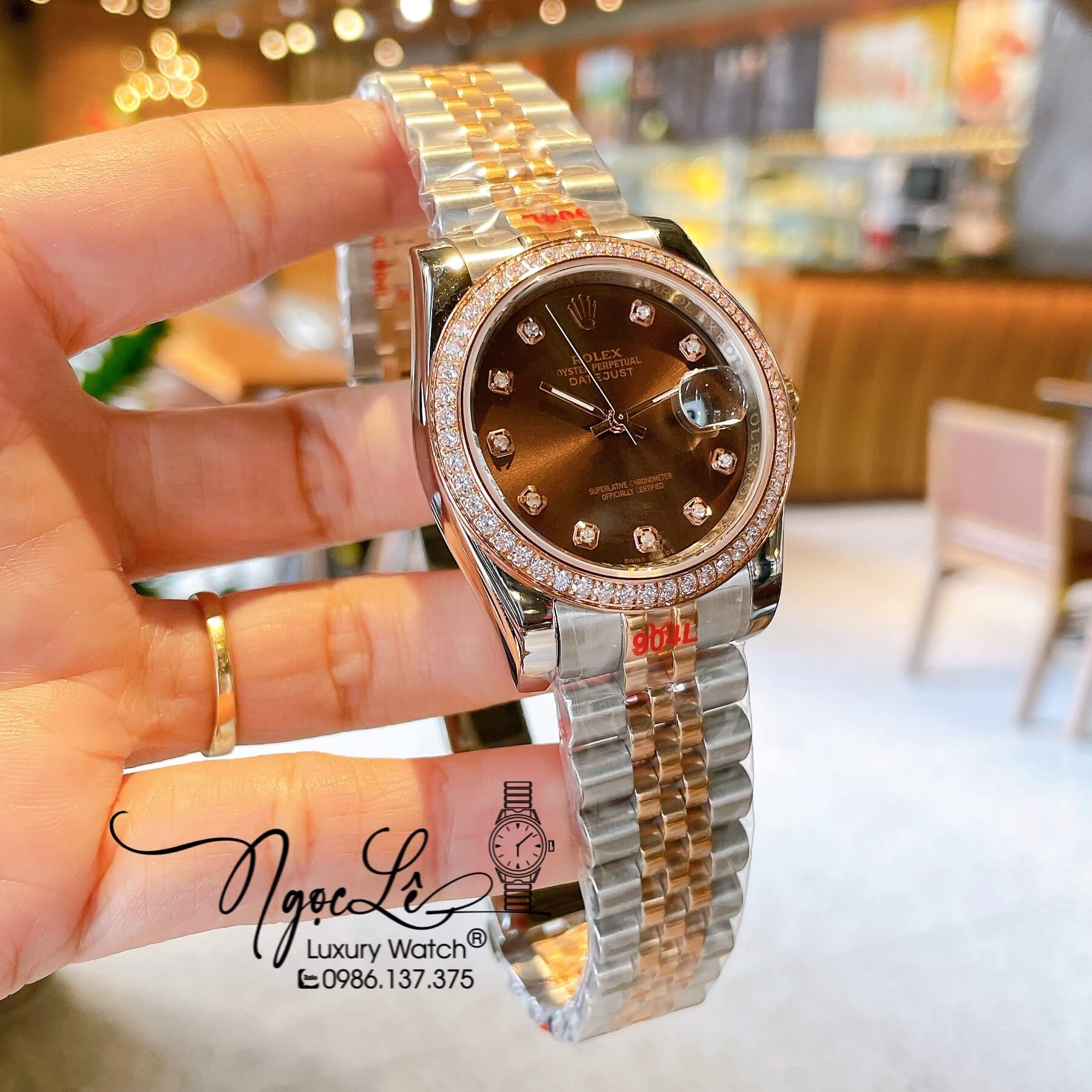 Đồng Hồ Rolex Datejust Quartz Dây Demi Rose Mặt Nâu Socola Size 36mm Đính Đá