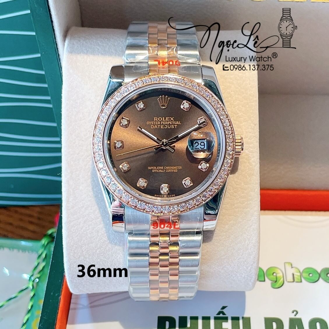 Đồng Hồ Rolex Datejust Quartz Dây Demi Rose Mặt Nâu Socola Size 36mm Đính Đá