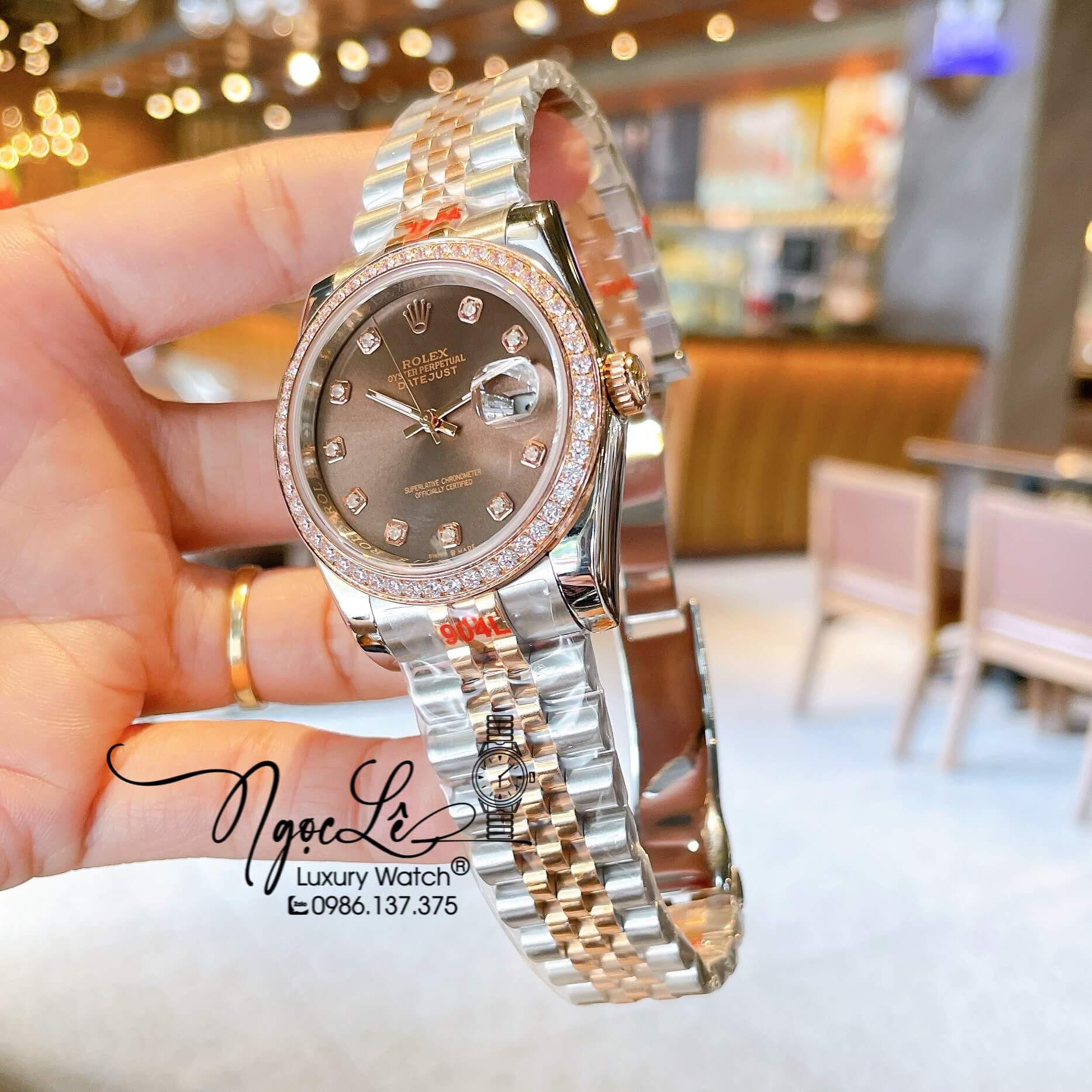 Đồng Hồ Rolex Datejust Quartz Dây Demi Rose Mặt Nâu Socola Size 36mm Đính Đá