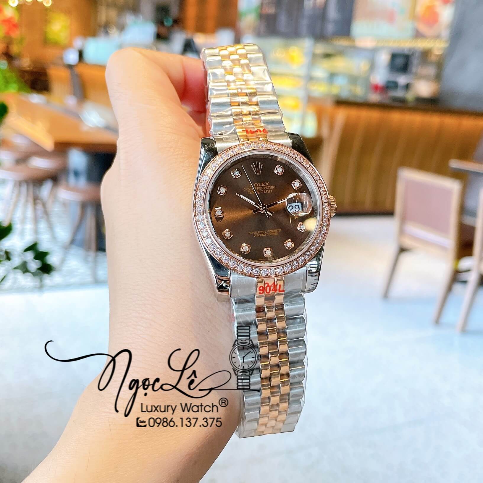 Đồng Hồ Rolex Datejust Quartz Dây Demi Rose Mặt Nâu Socola Size 36mm Đính Đá
