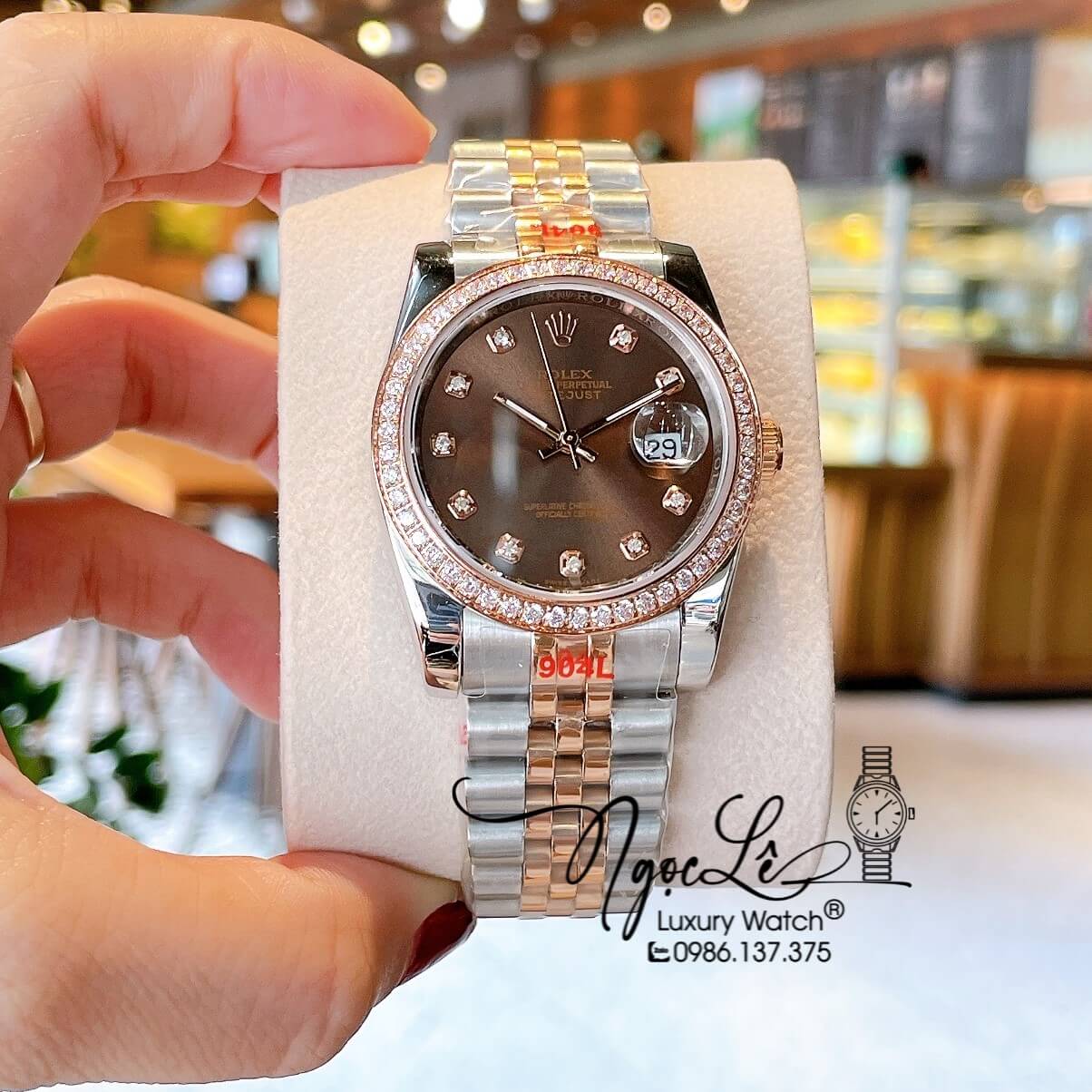 Đồng Hồ Rolex Datejust Quartz Dây Demi Rose Mặt Nâu Socola Size 36mm Đính Đá