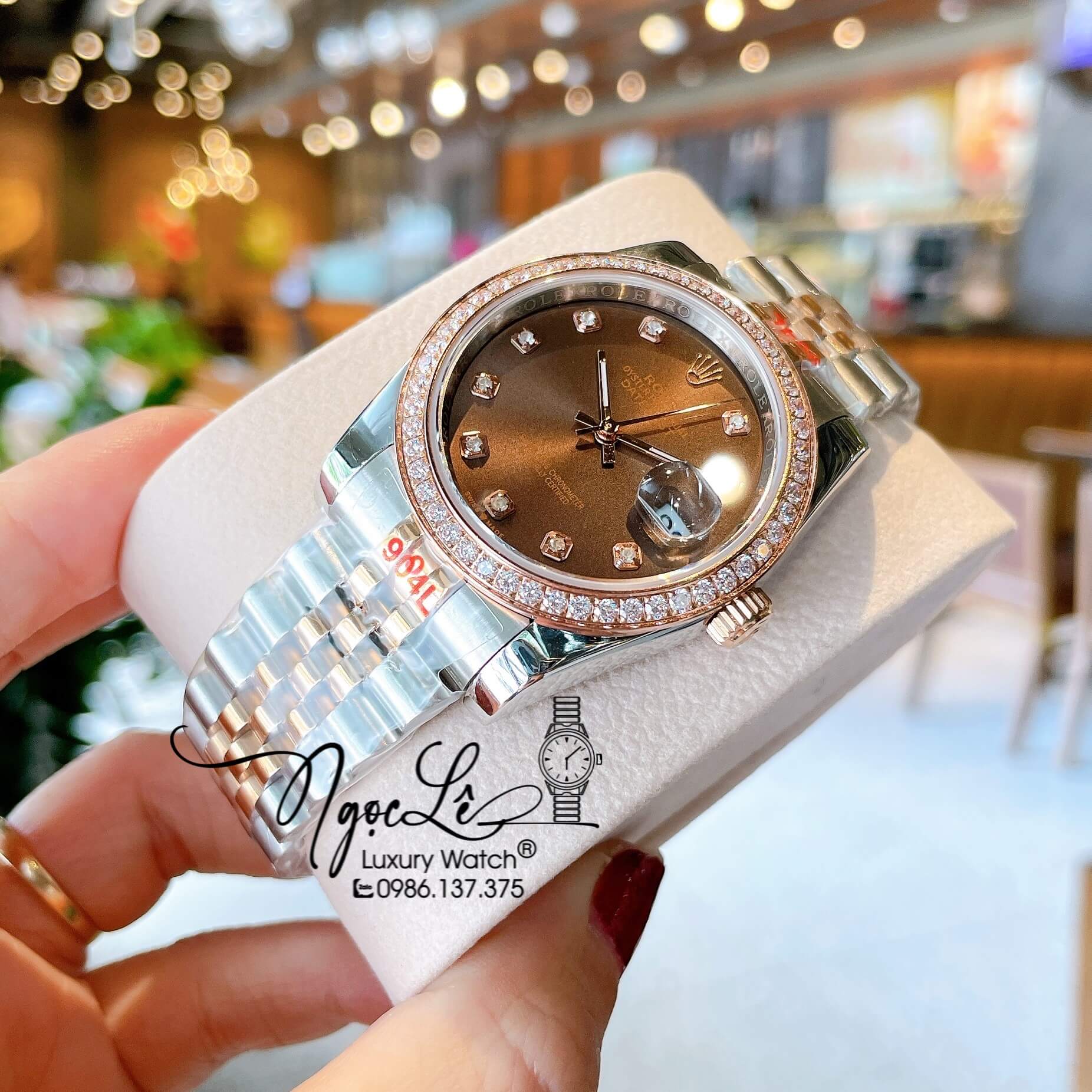 Đồng Hồ Rolex Datejust Quartz Dây Demi Rose Mặt Nâu Socola Size 36mm Đính Đá
