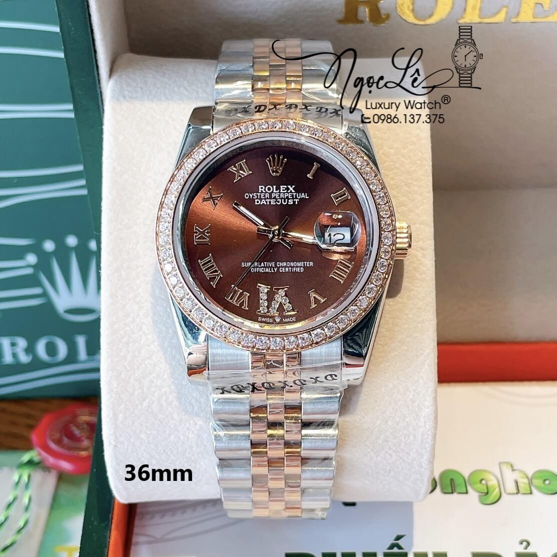 Đồng Hồ Rolex Datejust Quartz Dây Demi Rose Mặt Nâu Socola Size 36mm Đính Đá