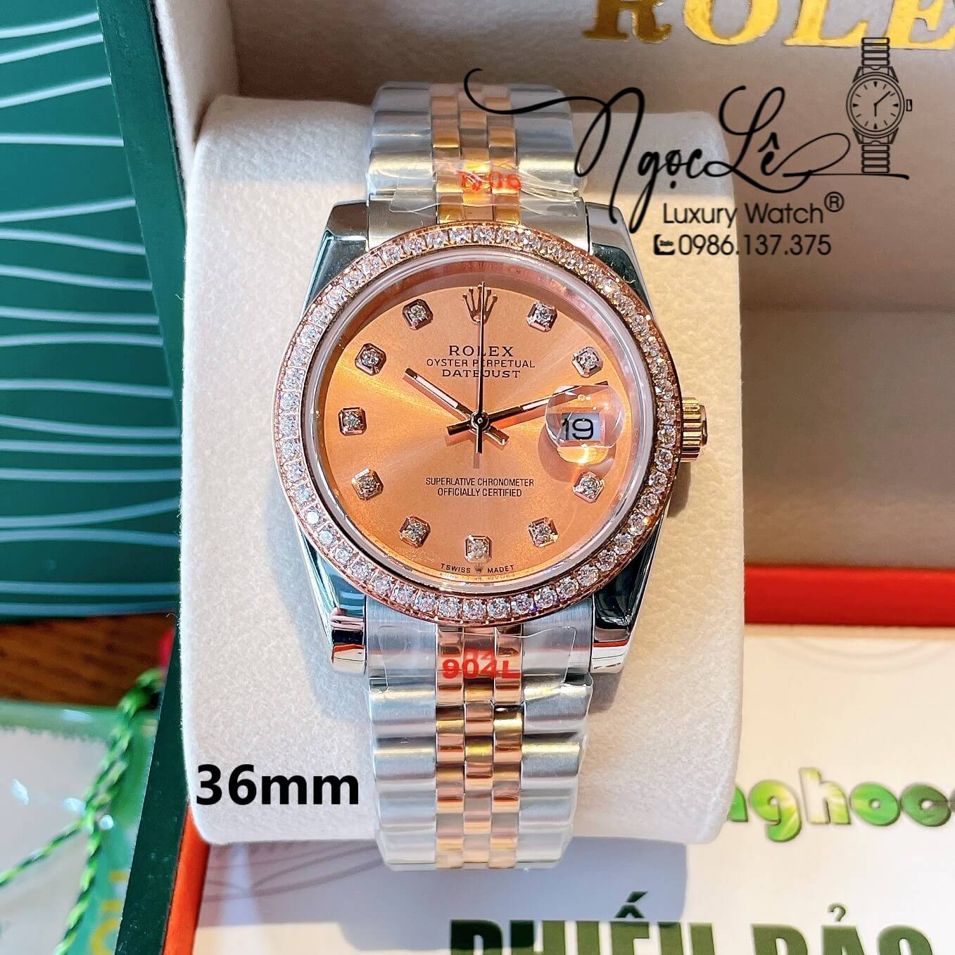 Đồng Hồ Rolex Datejust Quartz Dây Demi Rose Mặt Vàng Hồng Size 36mm Đính Đá