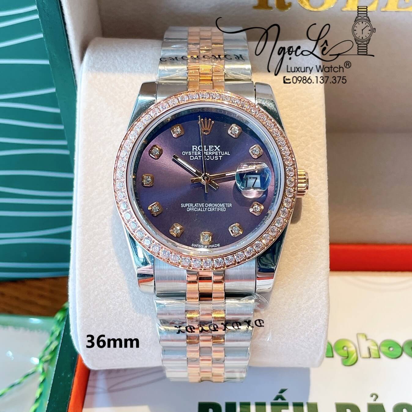 Đồng Hồ Rolex Datejust Quartz Dây Demi Rose Mặt Tím Size 36mm Đính Đá