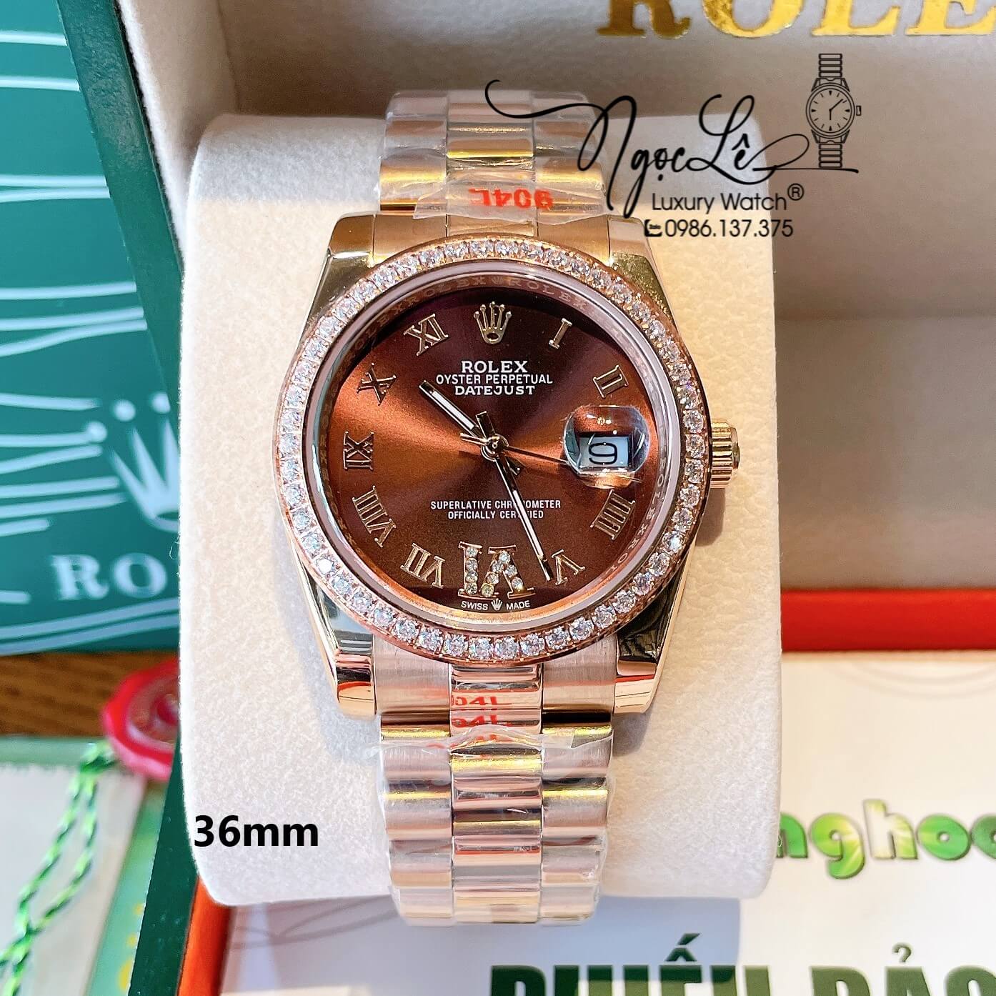Đồng Hồ Rolex Datejust Quartz Dây Rose Mặt Nâu Socola Size 36mm Đính Đá