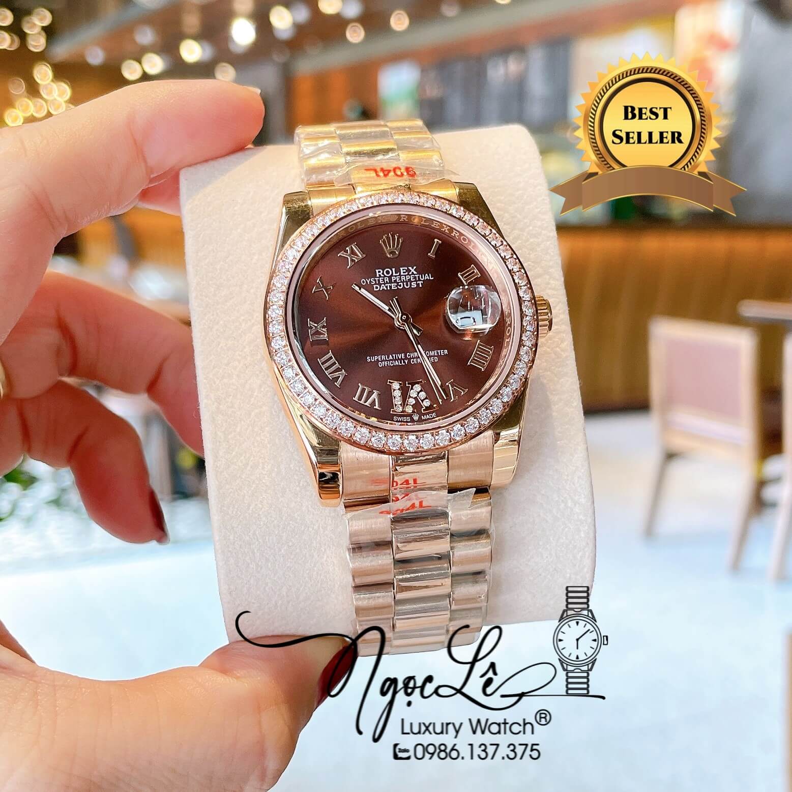 Đồng Hồ Rolex Datejust Quartz Dây Rose Mặt Nâu Socola Size 36mm Đính Đá