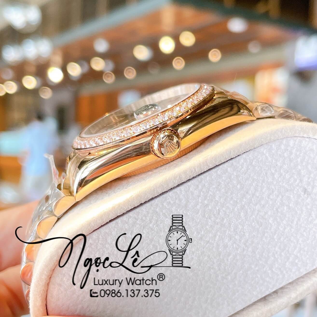 Đồng Hồ Rolex Datejust Quartz Dây Rose Mặt Nâu Socola Size 36mm Đính Đá