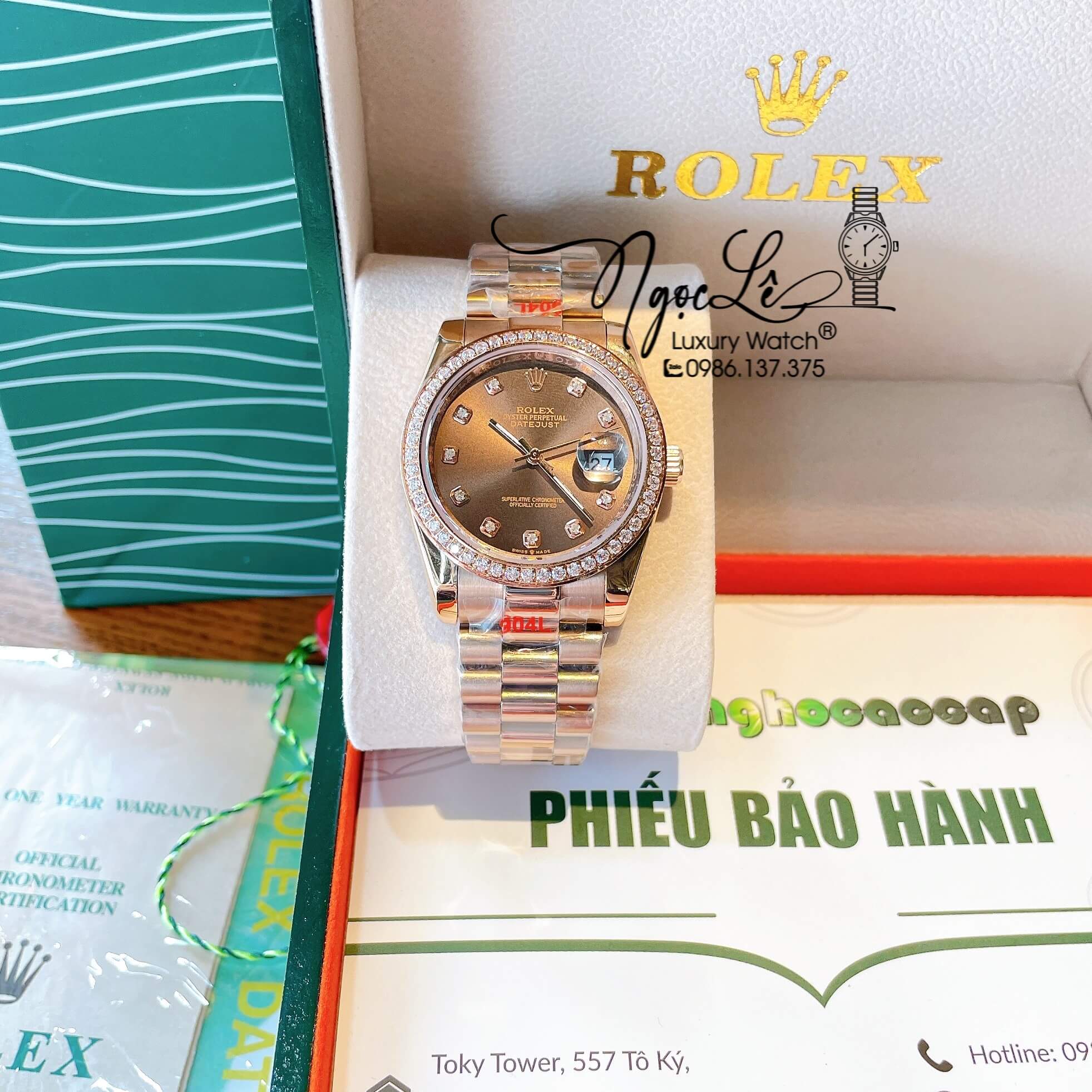 Đồng Hồ Rolex Datejust Quartz Dây Vàng Hồng Mặt Nâu Socola Size 36mm Đính Đá