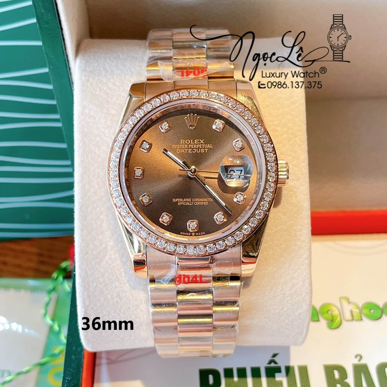 Đồng Hồ Rolex Datejust Quartz Dây Vàng Hồng Mặt Nâu Socola Size 36mm Đính Đá
