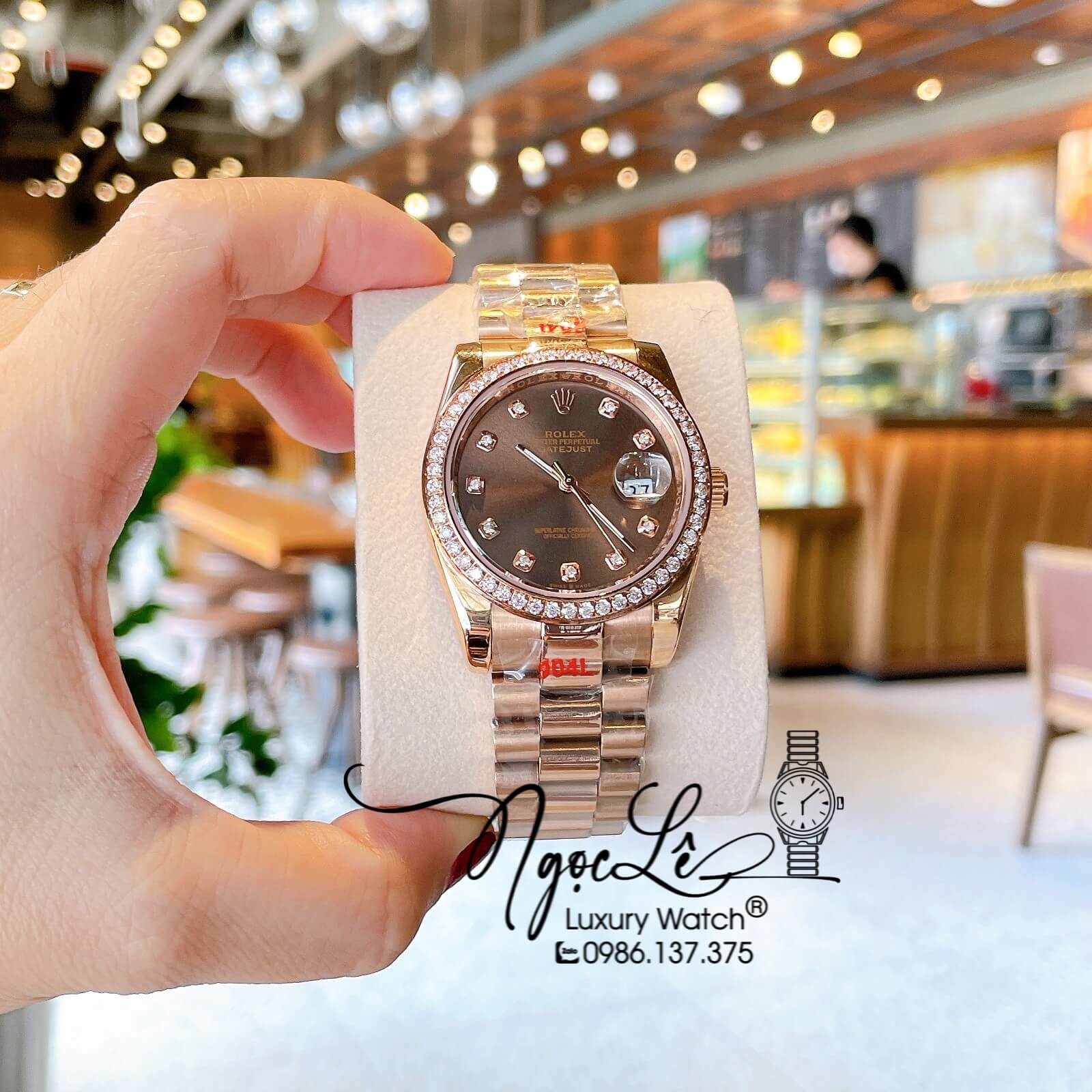 Đồng Hồ Rolex Datejust Quartz Dây Vàng Hồng Mặt Nâu Socola Size 36mm Đính Đá