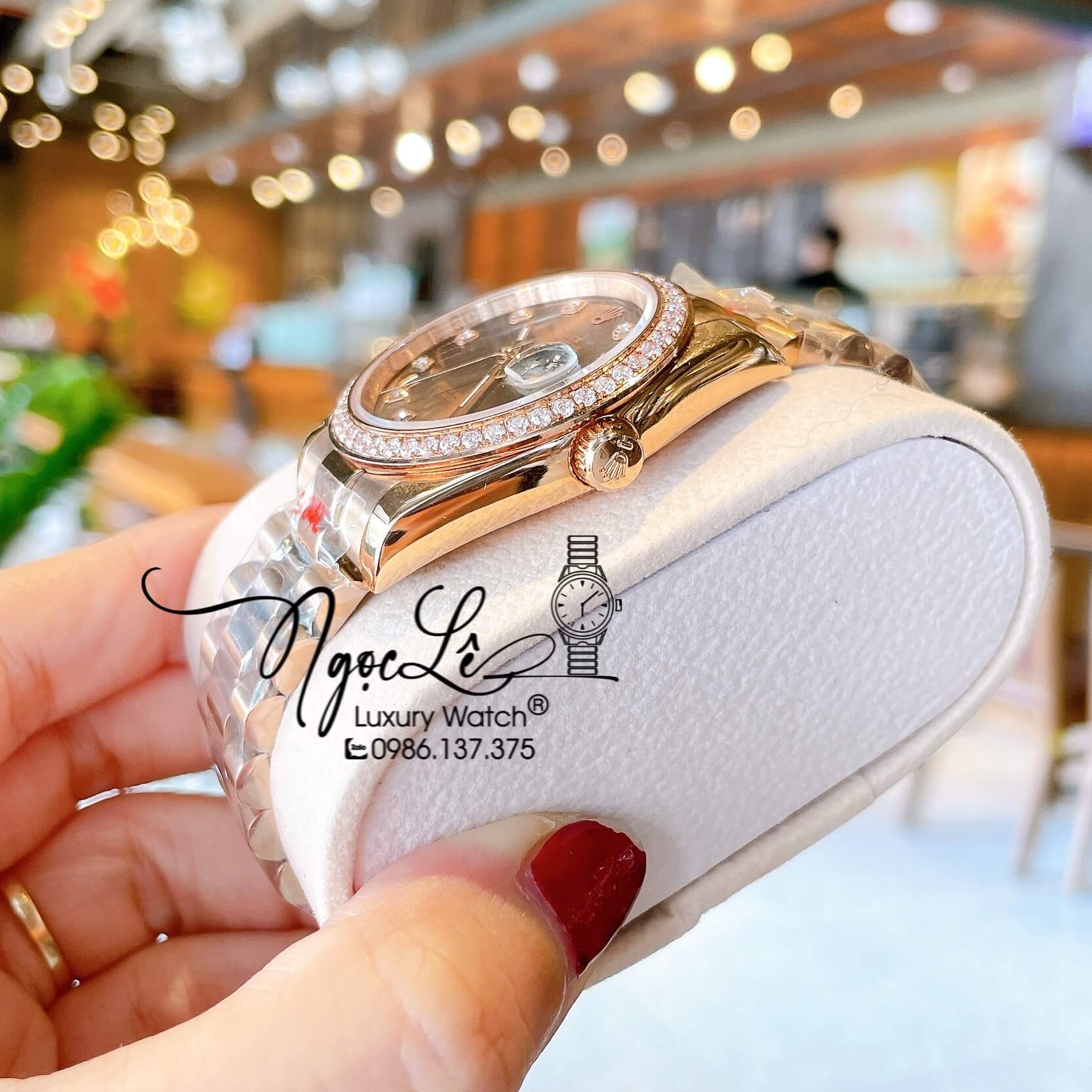 Đồng Hồ Rolex Datejust Quartz Dây Vàng Hồng Mặt Nâu Socola Size 36mm Đính Đá
