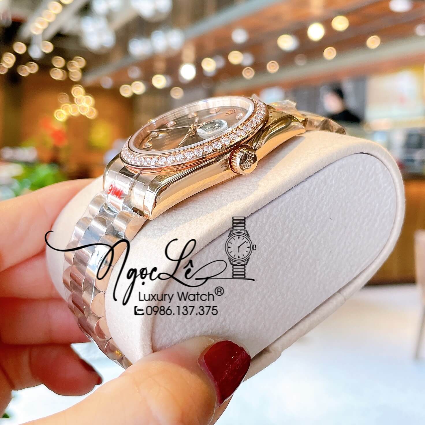 Đồng Hồ Rolex Datejust Quartz Dây Vàng Hồng Mặt Nâu Socola Size 36mm Đính Đá