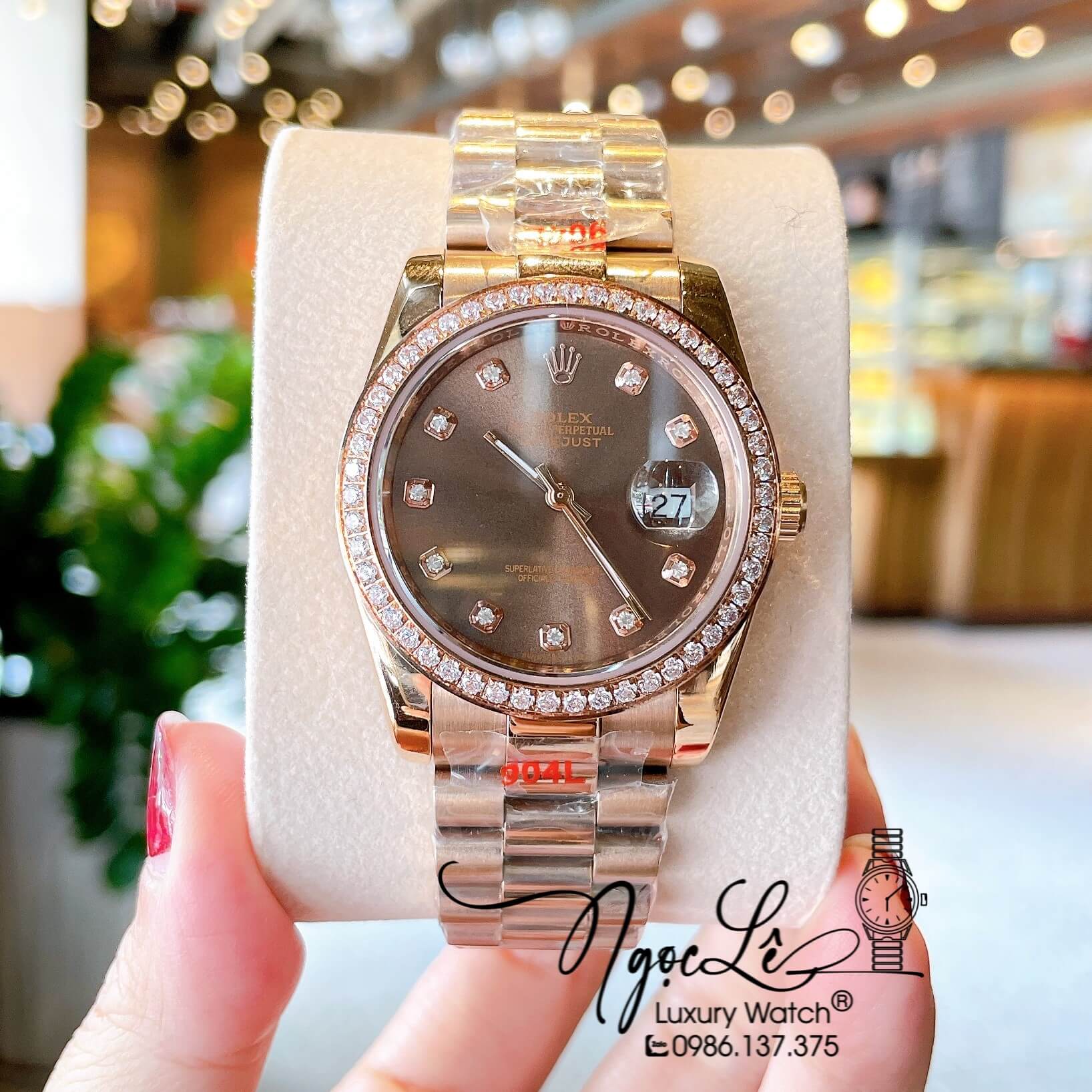 Đồng Hồ Rolex Datejust Quartz Dây Vàng Hồng Mặt Nâu Socola Size 36mm Đính Đá