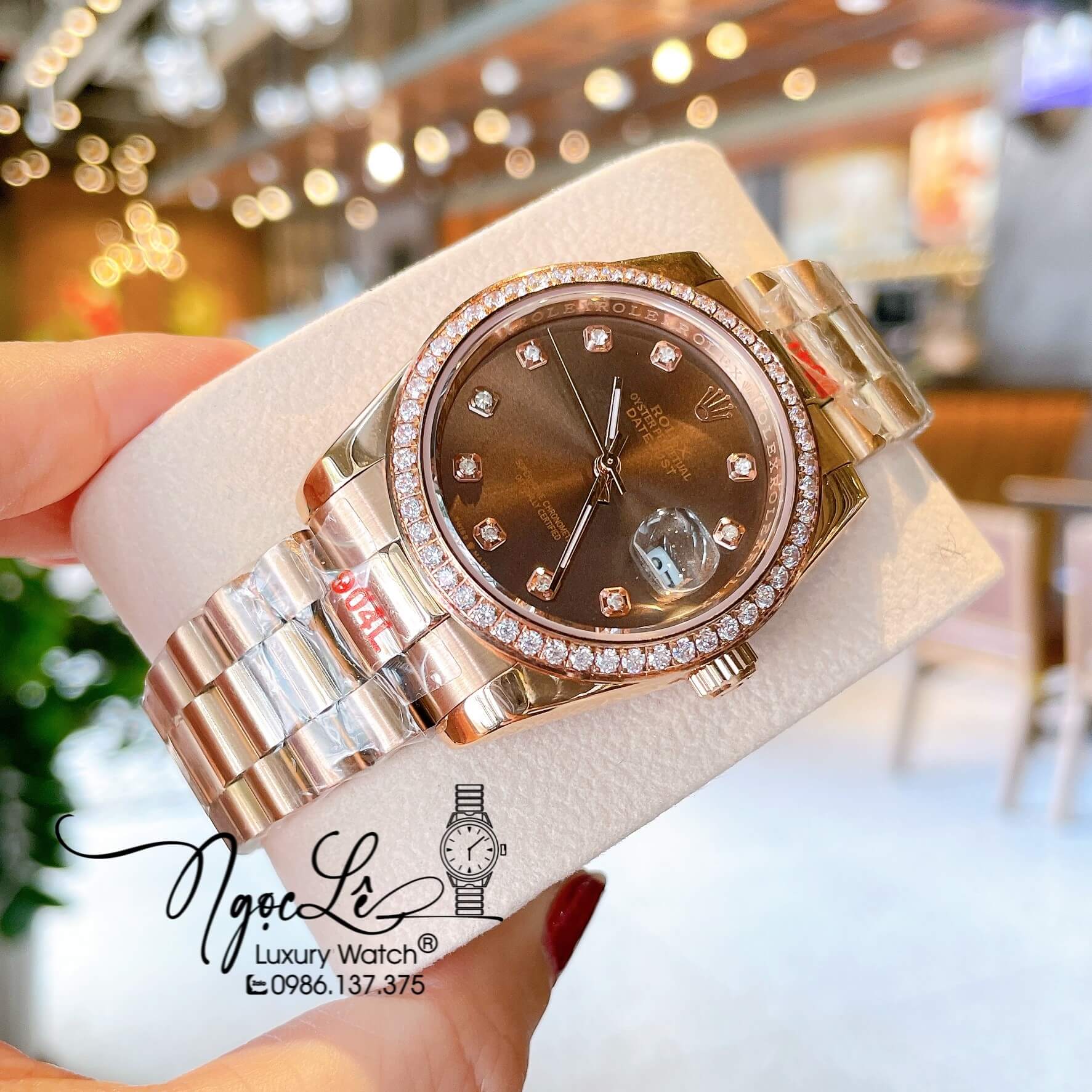 Đồng Hồ Rolex Datejust Quartz Dây Vàng Hồng Mặt Nâu Socola Size 36mm Đính Đá