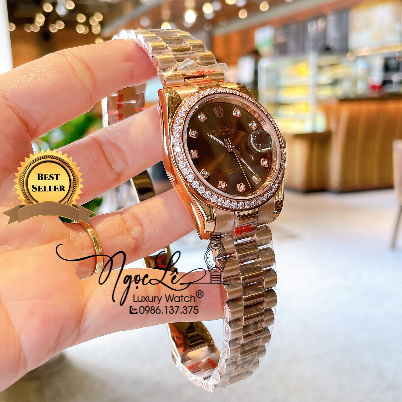 Đồng Hồ Rolex Datejust Quartz Dây Vàng Hồng Mặt Nâu Socola Size 36mm Đính Đá