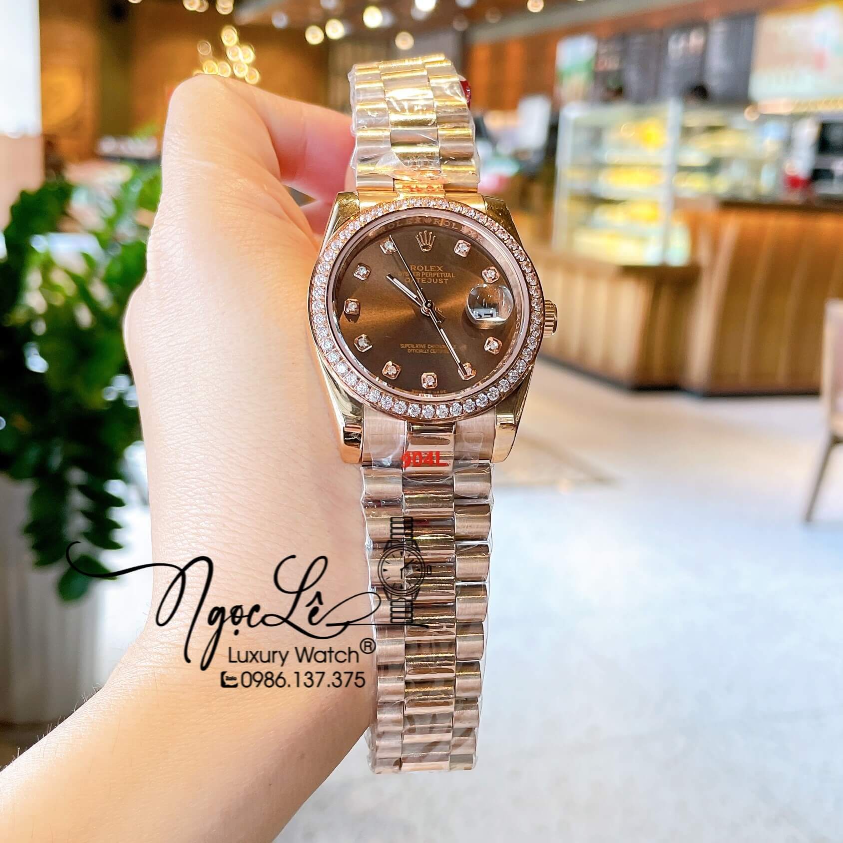 Đồng Hồ Rolex Datejust Quartz Dây Vàng Hồng Mặt Nâu Socola Size 36mm Đính Đá