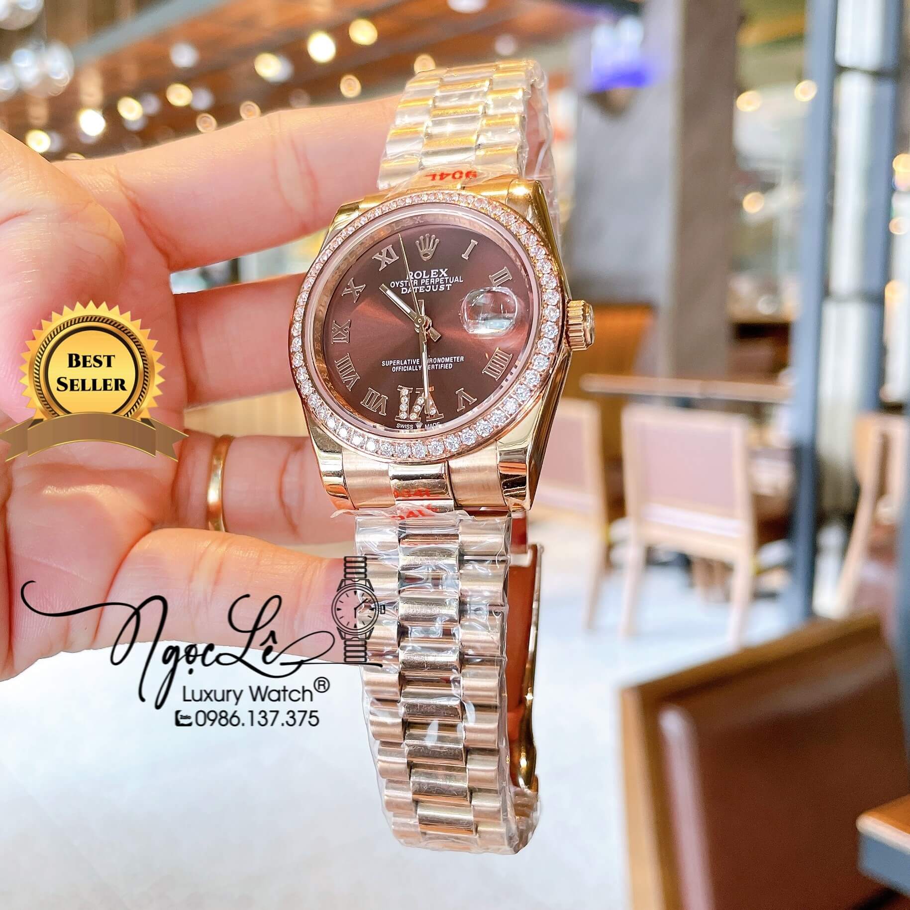 Đồng Hồ Rolex Datejust Quartz Dây Rose Mặt Nâu Socola Size 36mm Đính Đá